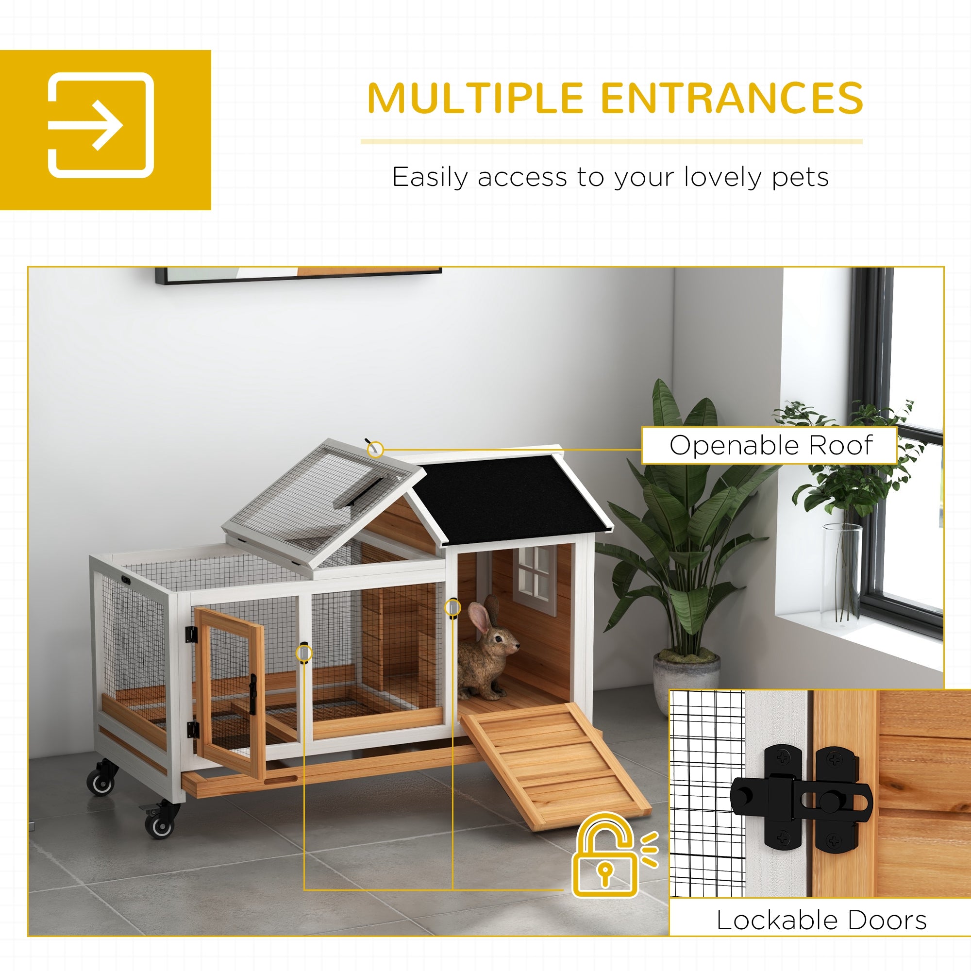 Wooden Rabbit Hutch with Wheels, Run, Slide-out Tray for Small Animals, Guinea Pig, Yellow - Yellow - Image 5