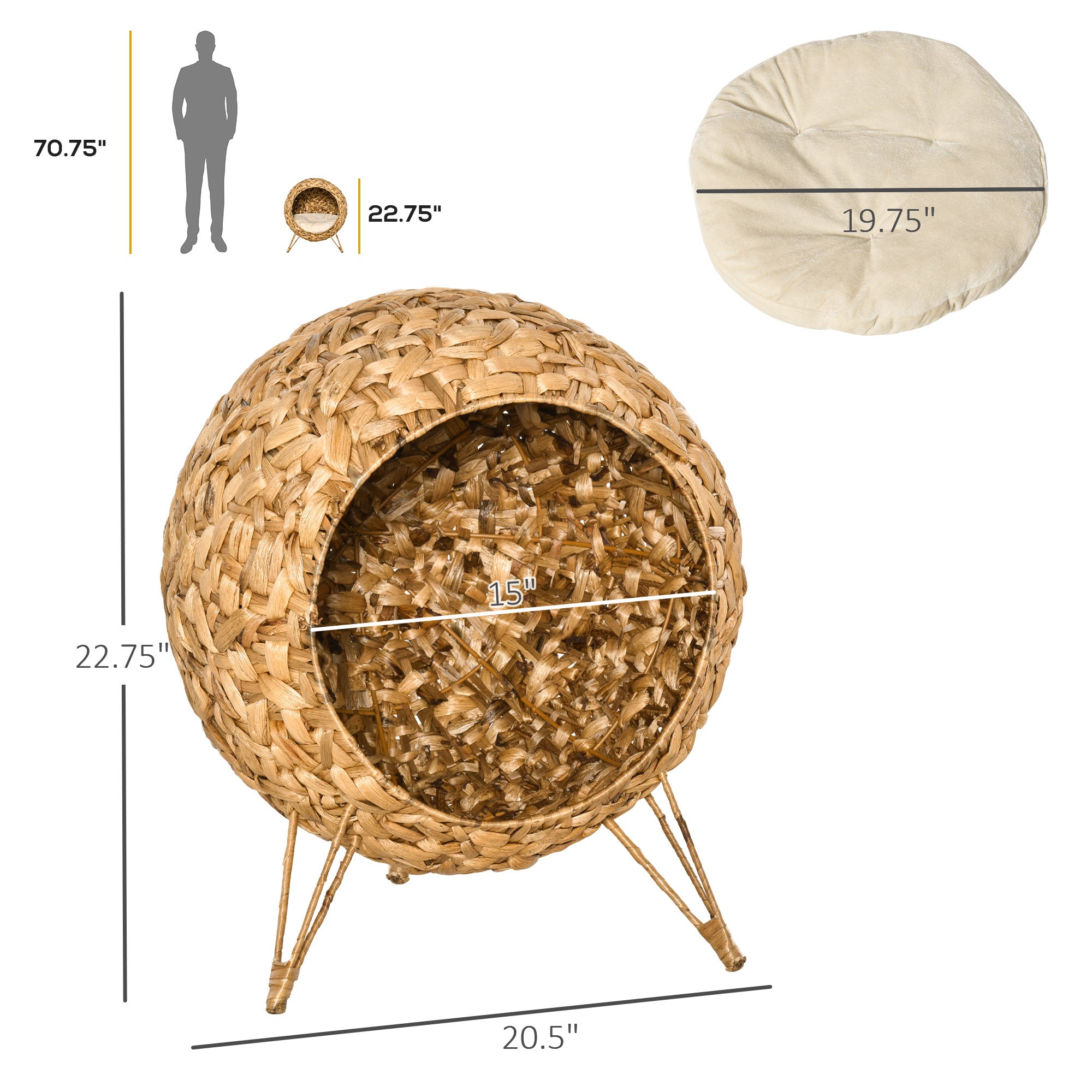 20.5" Weaved Cat Bed, Elevated Hand-woven Braided Banana Leaf Kitten House Condo with Cushion, Natural - Natural Wood - Image 3