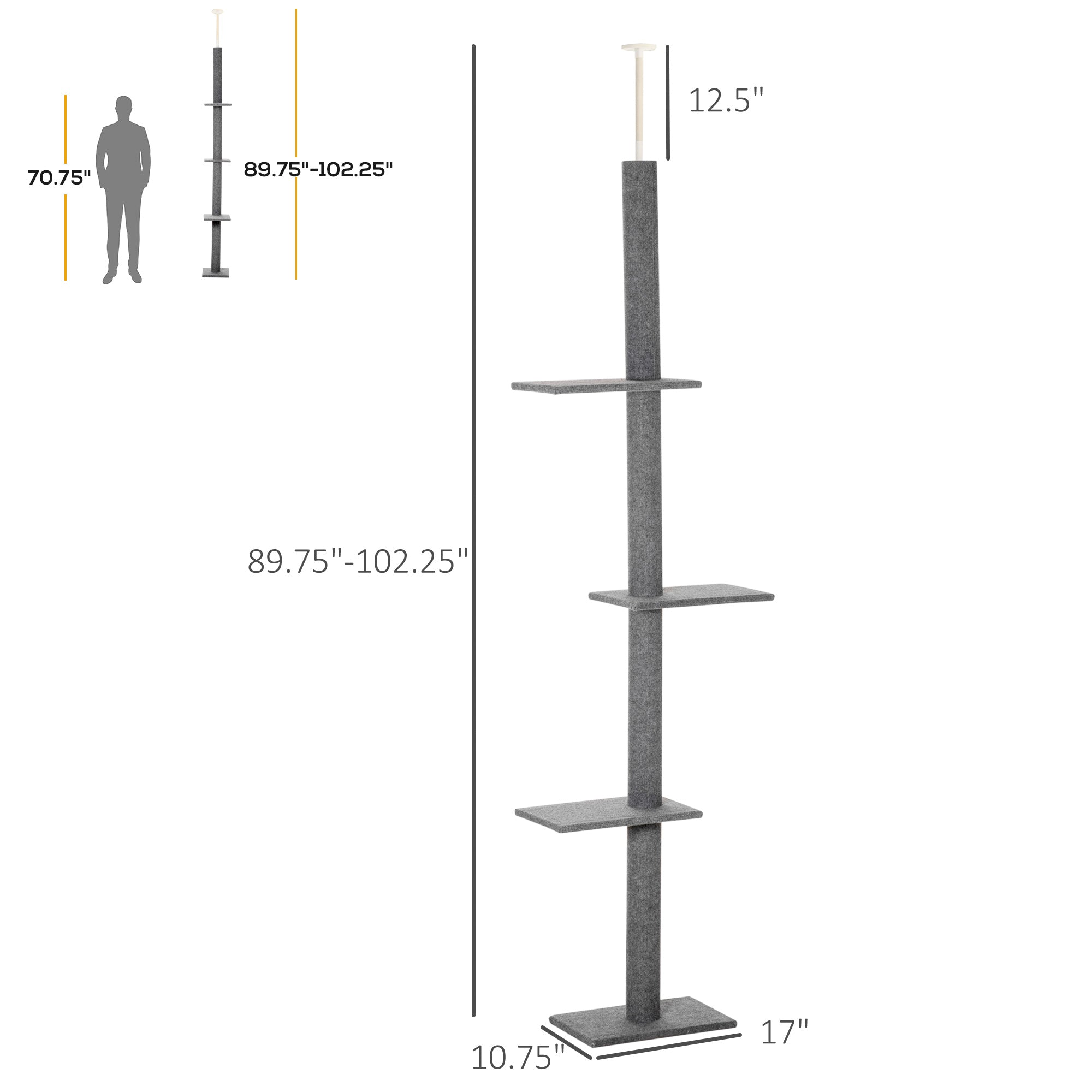 Floor-to-Ceiling Cat Tree Cat Climbing Tower with Sisal-Covered Scratching Posts Natural Cat Tree Activity Center for kittens Cat tower furniture, Grey - Dark Grey - Image 3