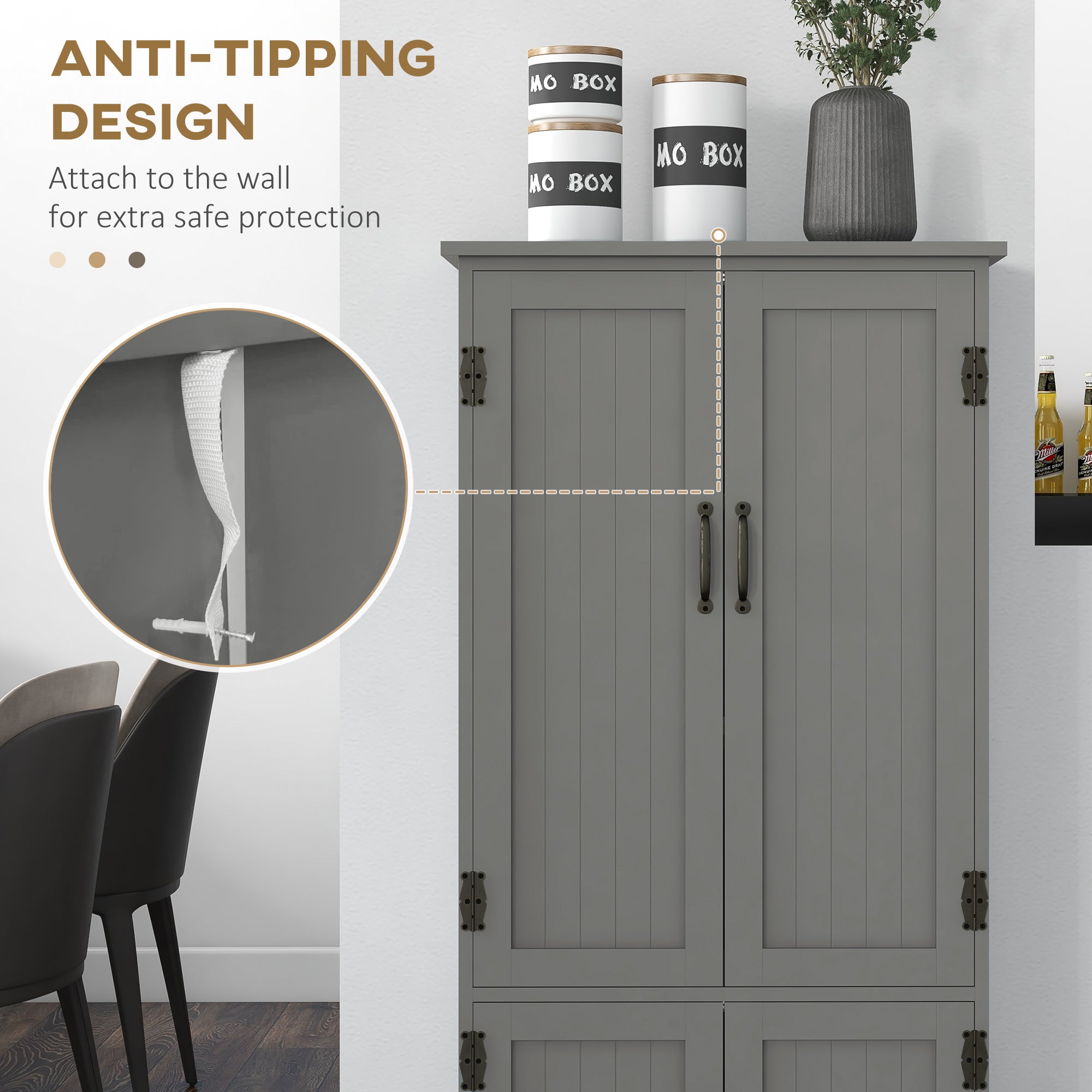 Accent Floor Storage Cabinet Kitchen Pantry with Adjustable Shelves and 2 Lower Doors, Gray