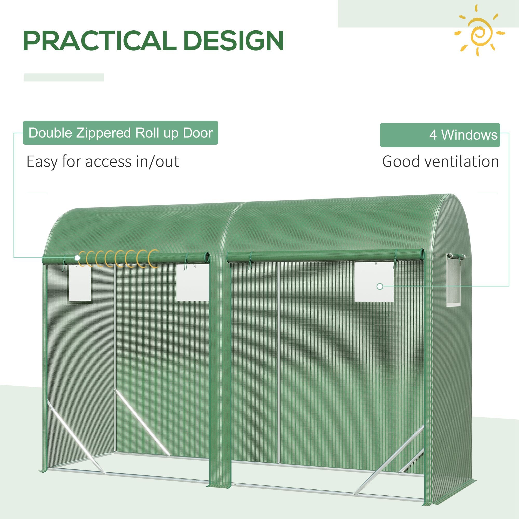 10' x 3' x 7' Walk-in Lean-to Greenhouse, Steel, 4 Zipper Roll-up Windows & 2 Doors, UV Protecting PE Cover for Growing Flowers, Vegetables, Tropical Plants, Saplings, Succulents, Green - Green - Image 6