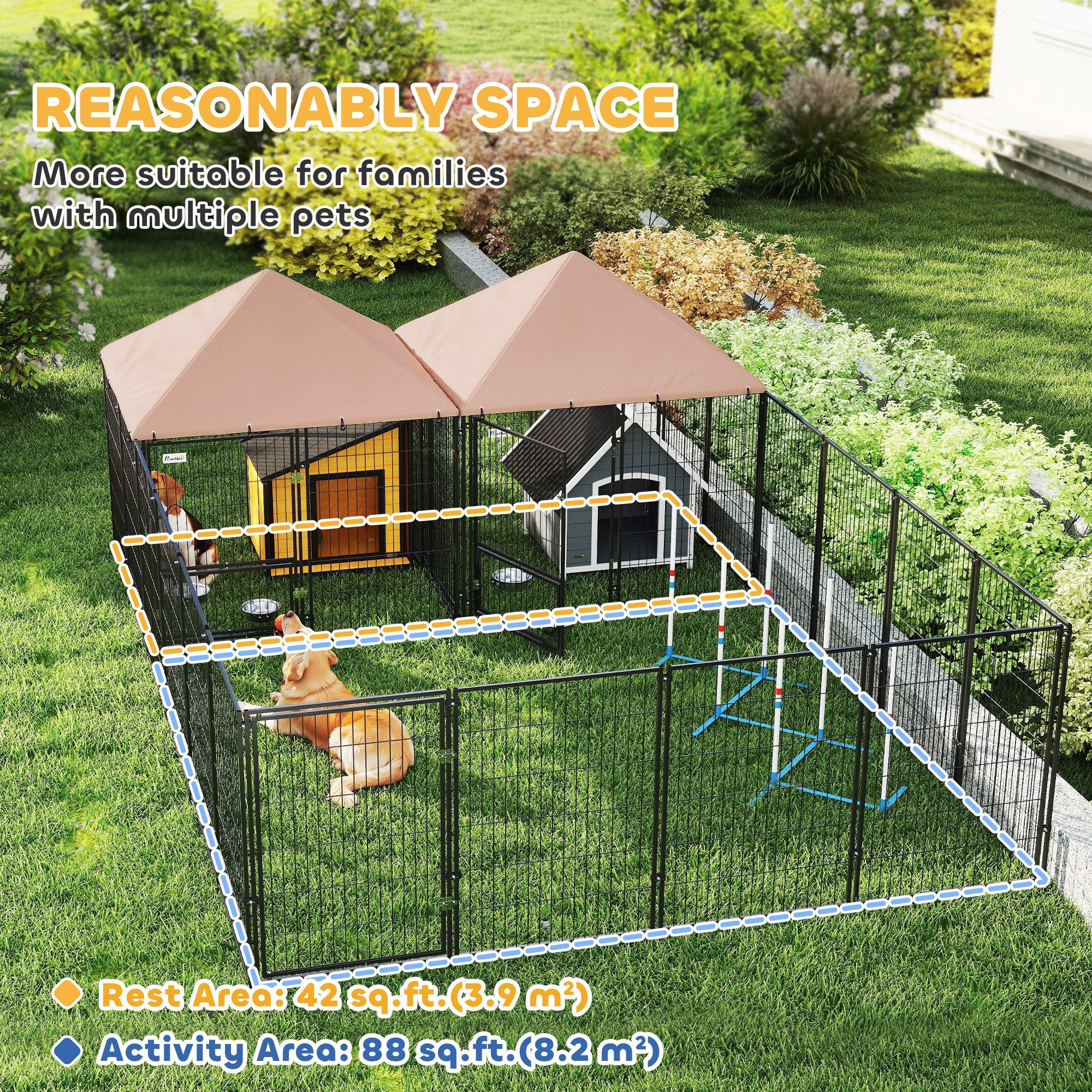 Large Outdoor Dog Kennel with 2 Rooms, Rotating & Adjustable Height Bowls, 13.5' x 9.4' x 5.1' - Coffee - Image 4