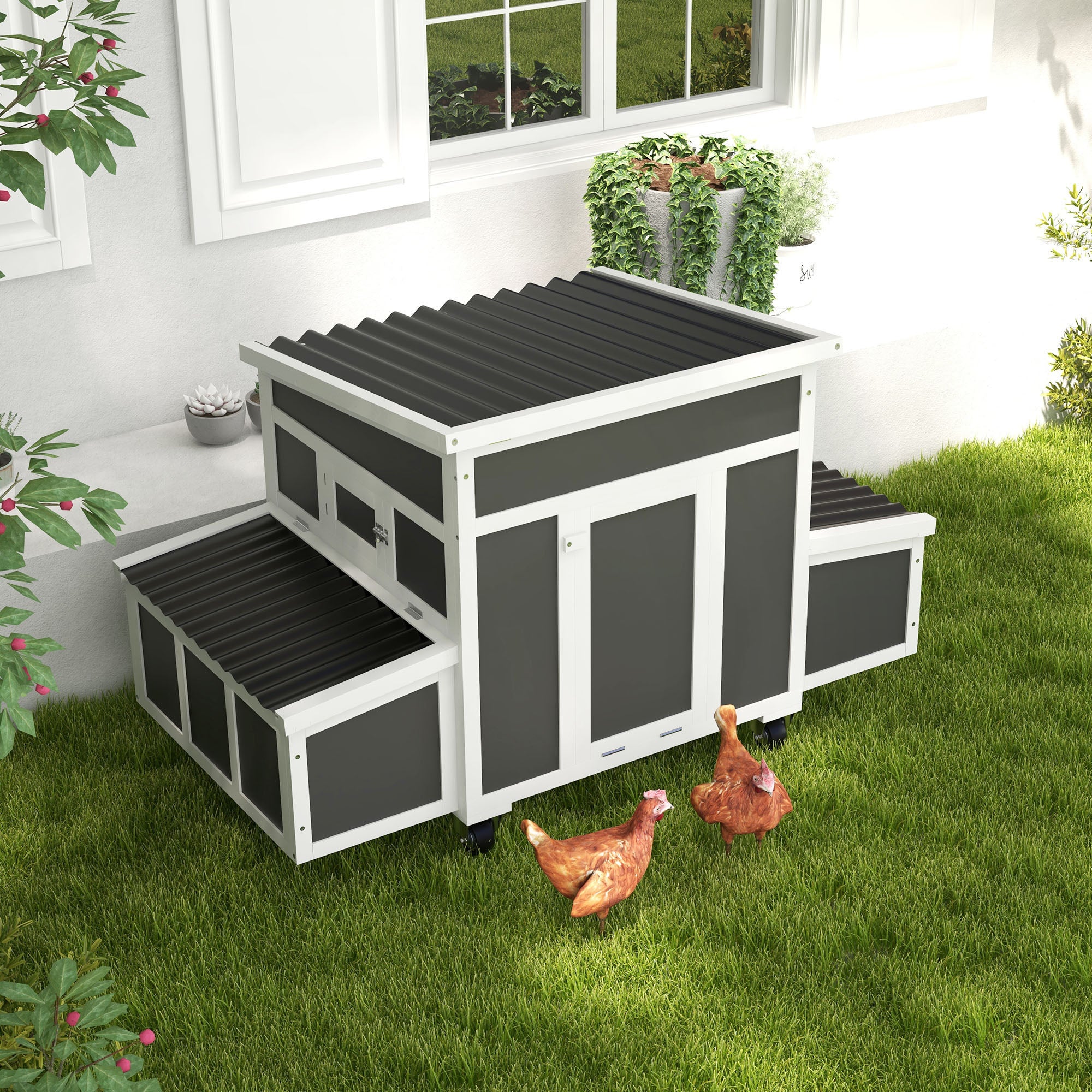 Wooden Chicken Coop with Nesting Box for 6 Chickens, Dark Gray - Dark Gray - Image 2