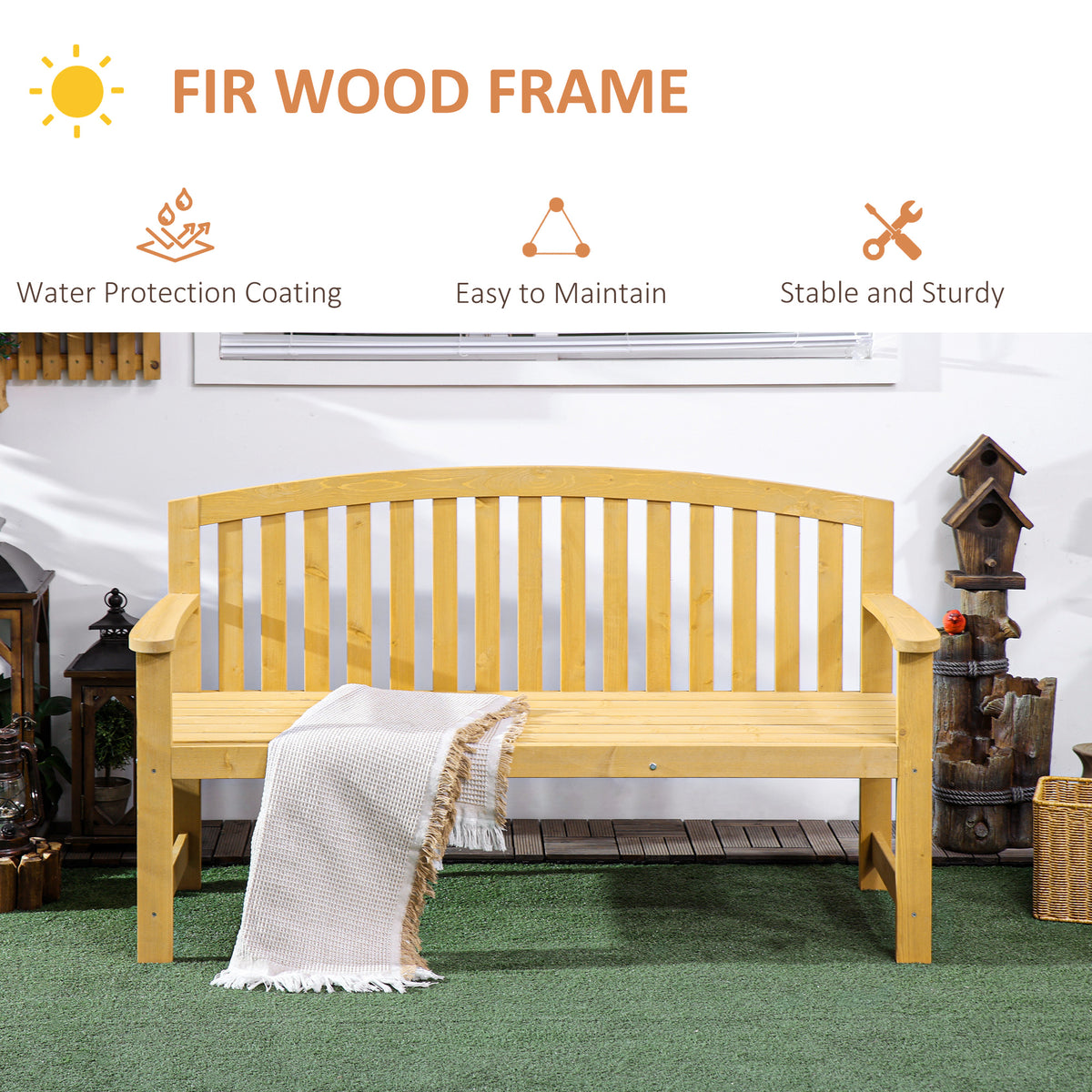 56" Outdoor Wood Bench, 2-Seater Garden Bench with Backrest and Armrest, Patio Bench for Patio, Porch, Poolside, Balcony, Natural