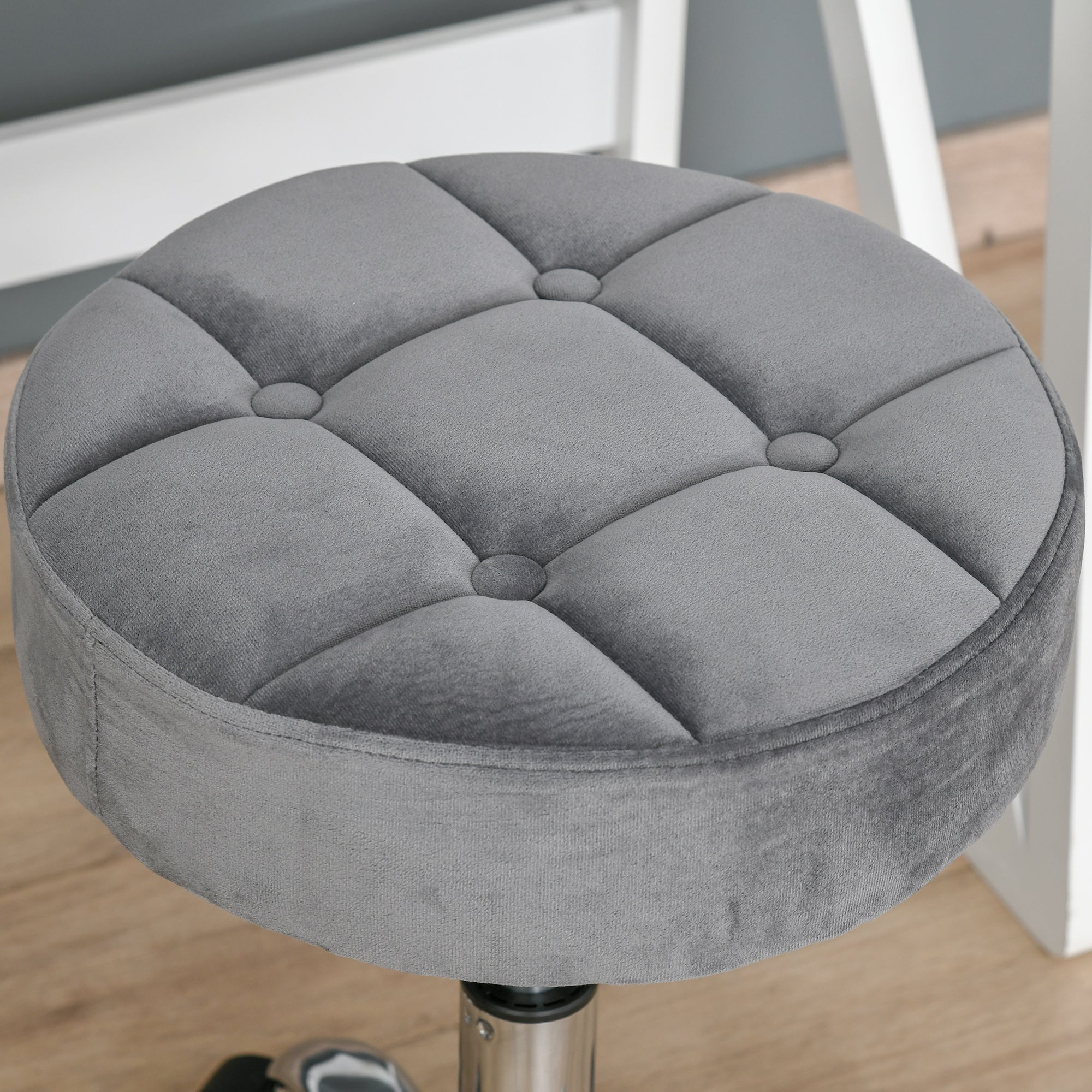 Round Rolling Stool with Height Adjustable Lift, Vanity Chair with Luxury Style Upholstery, Office Chair with Swivel Seat and Wheels for Work Spa Salon, Grey