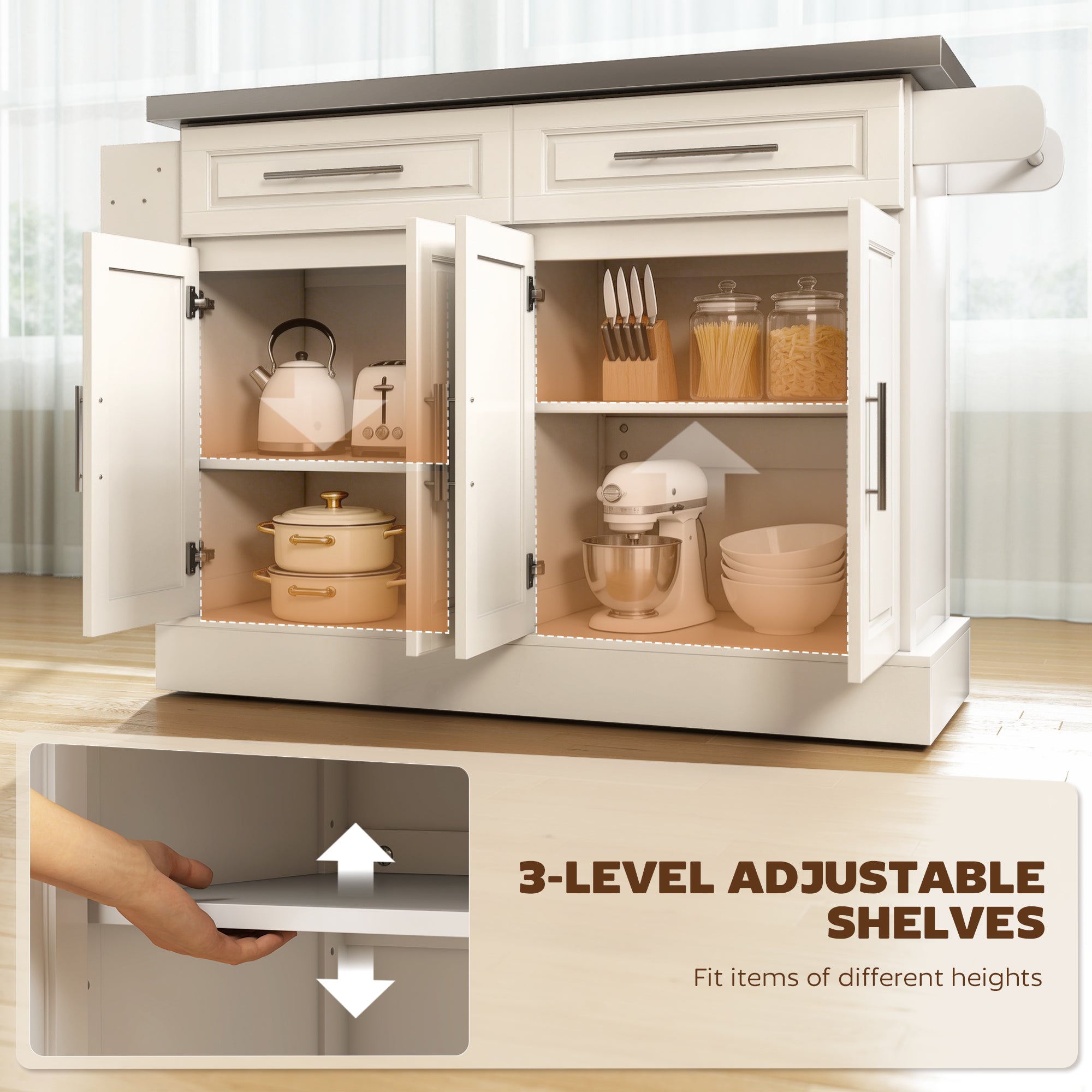 Rolling Kitchen Island with Stainless Steel Top, 2 Drawers, Spice, Knife and Towel Rack and Cabinets, Cream White