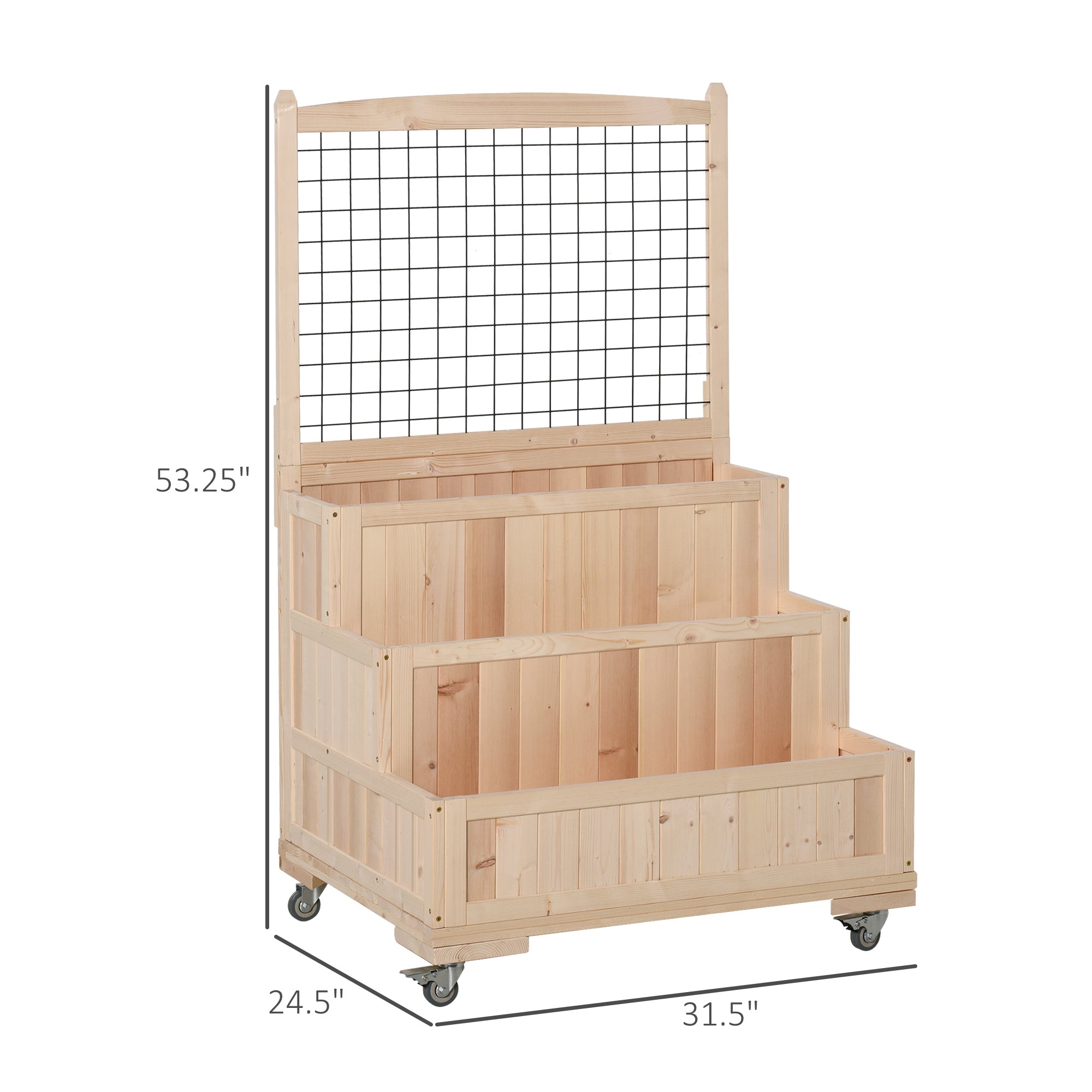 3-Tiers Raised Garden Bed with Trellis, 53" H Vertical Planter Box with Wheels & Back Storage Area, for Flowers, Vegetables, Herbs, Natural - Natural Wood - Image 3