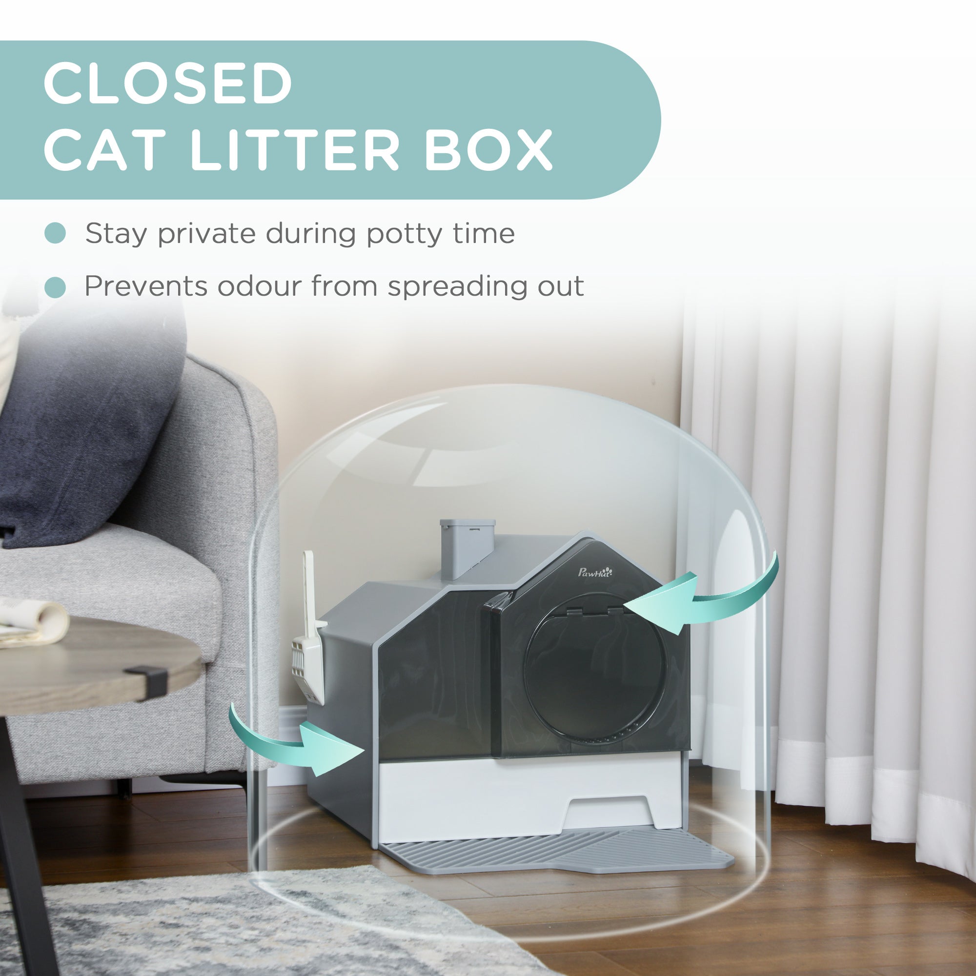 Hooded Cat Litter Box w/ Litter Mat, Litter Particle Catching, Gray - Gray - Image 6