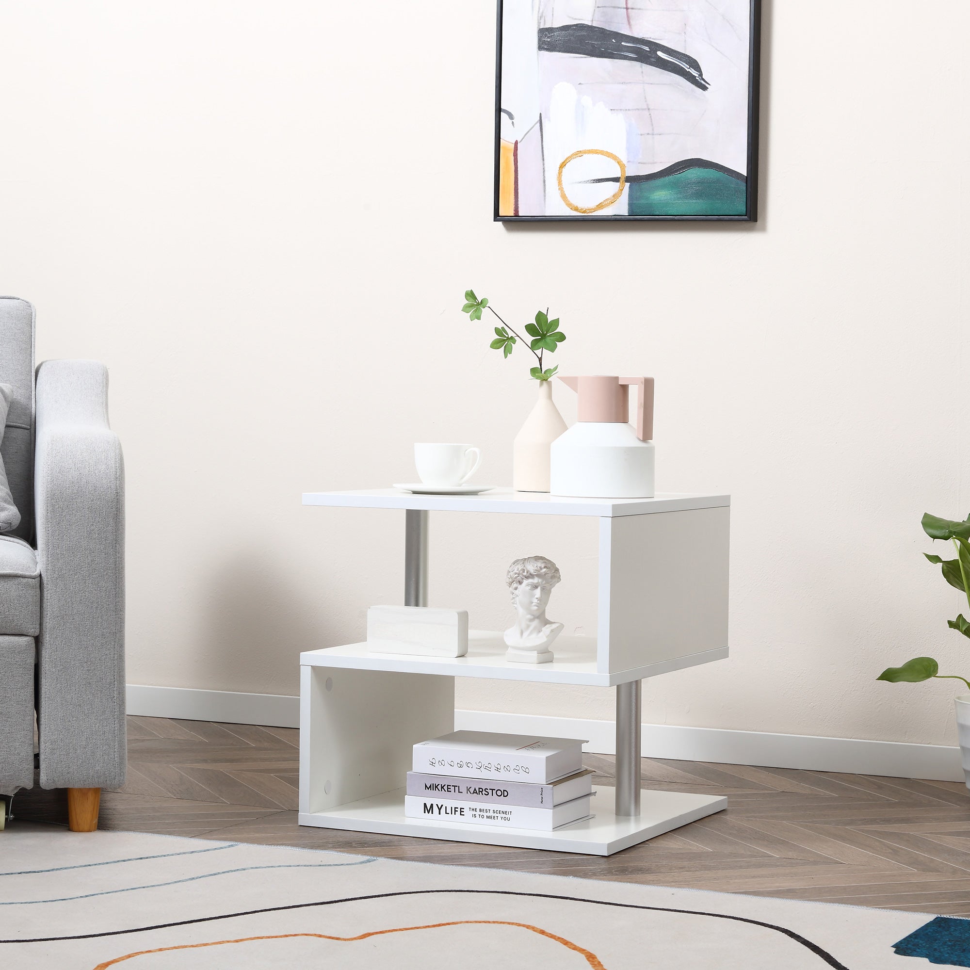 20" Modern S-Shaped Multi-Level Accent End Table Shelf with Steel Poles, White