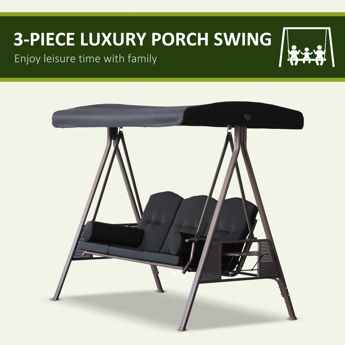 3-Seat Patio Swing Chair, Outdoor Porch Swing Glider with Adjustable Canopy, Removable Cushion, Pillows and Side Trays, for Garden, Poolside, Backyard, Black