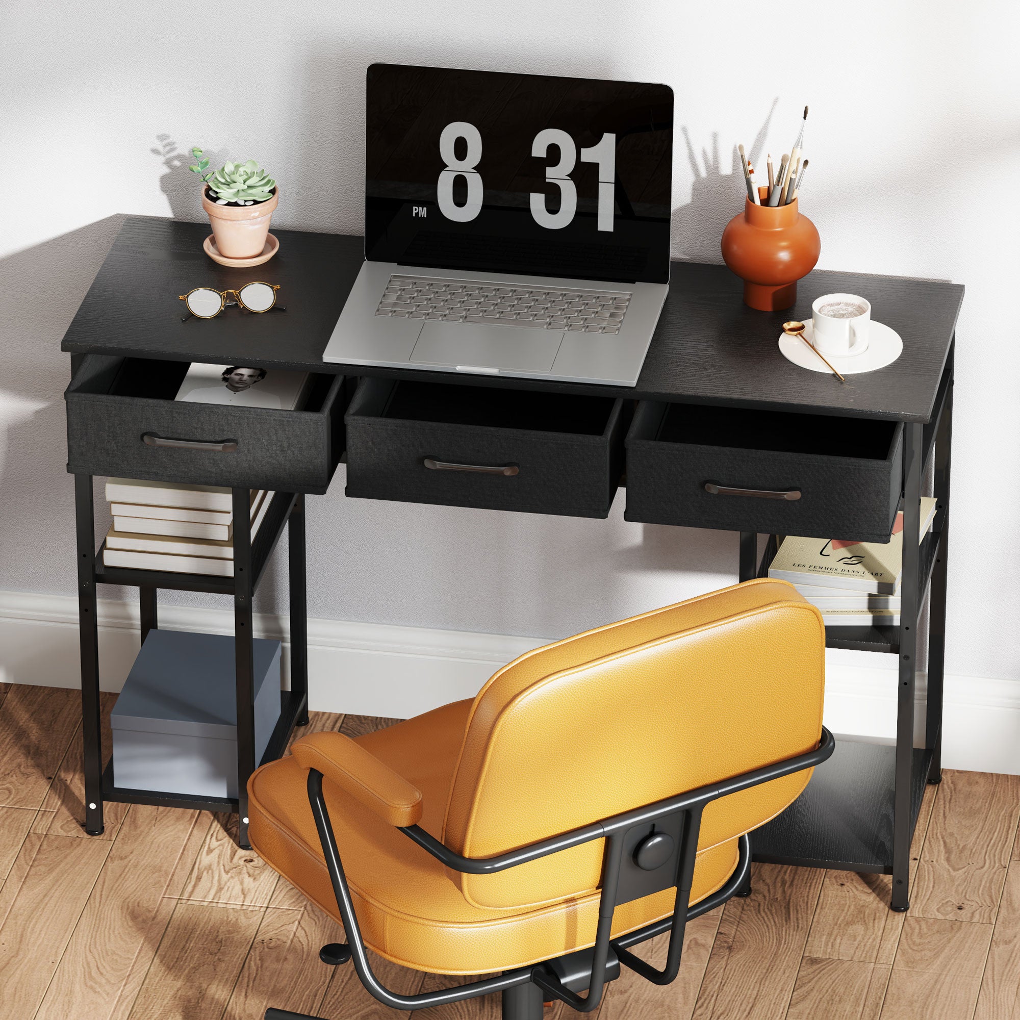 47" Small Computer Desk, Writing Desk with Fabric Drawers, Home Office Desk with Adjustable Shelves, Black