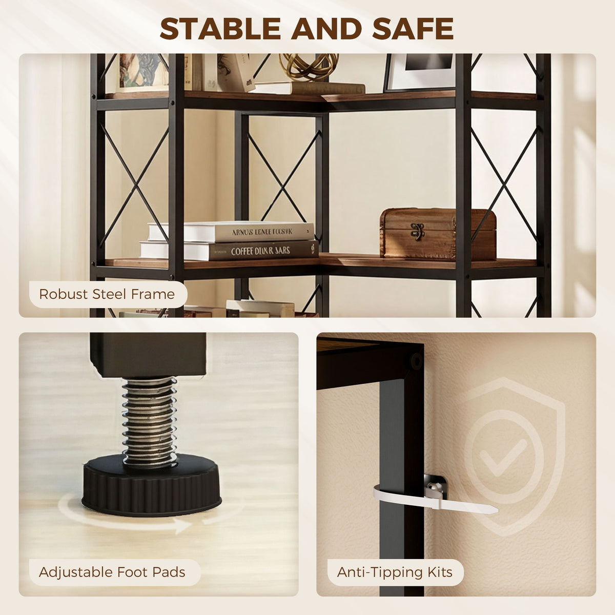 5-Tier L-Shaped Bookshelf, Freestanding Bookcase with Metal Frame, Rustic Brown