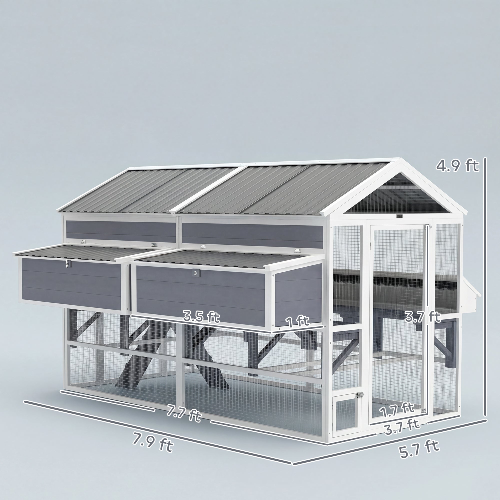 Wooden Chicken Coop, Outdoor Hen House with 2 Feeders, 2 Nesting Boxes, 2 Roosting Bars, Ramps, Waterproof Roof - Gray - Image 3