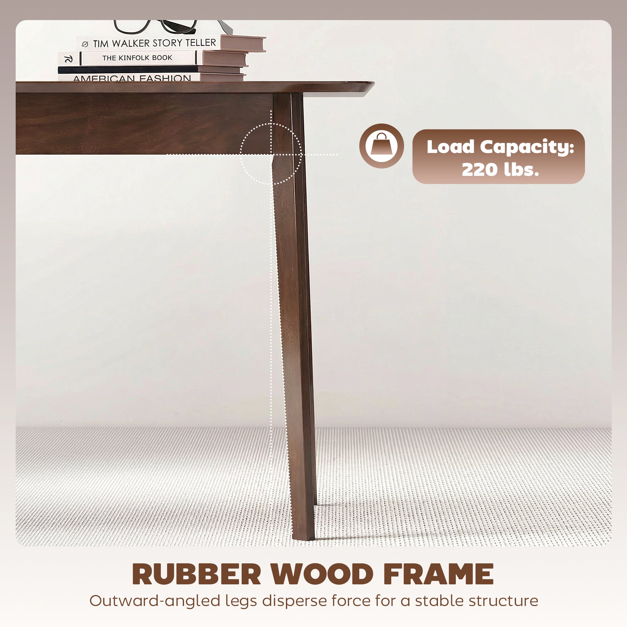 47.2" Rectangle Dining Table for 4, Mid-Century Modern Kitchen Table with Rubber Wood Frame for Dining Room, Mahogany