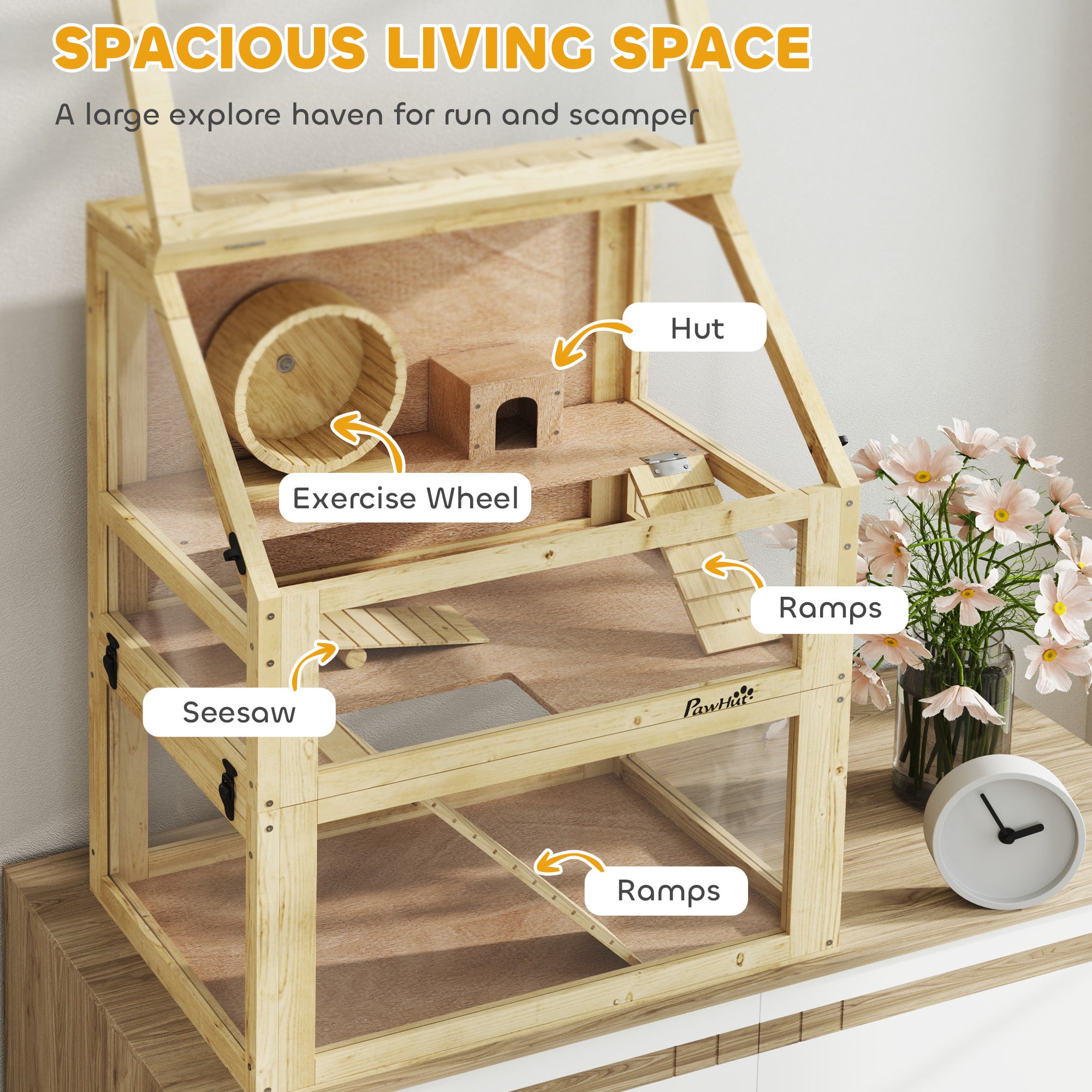 3 Tier Wooden Hamster Cage w/ Detachable Bottom, Hut, Seesaw, Exercise Wheel, Ramps, 24" x 16" x 29.5" - Natural Wood - Image 4