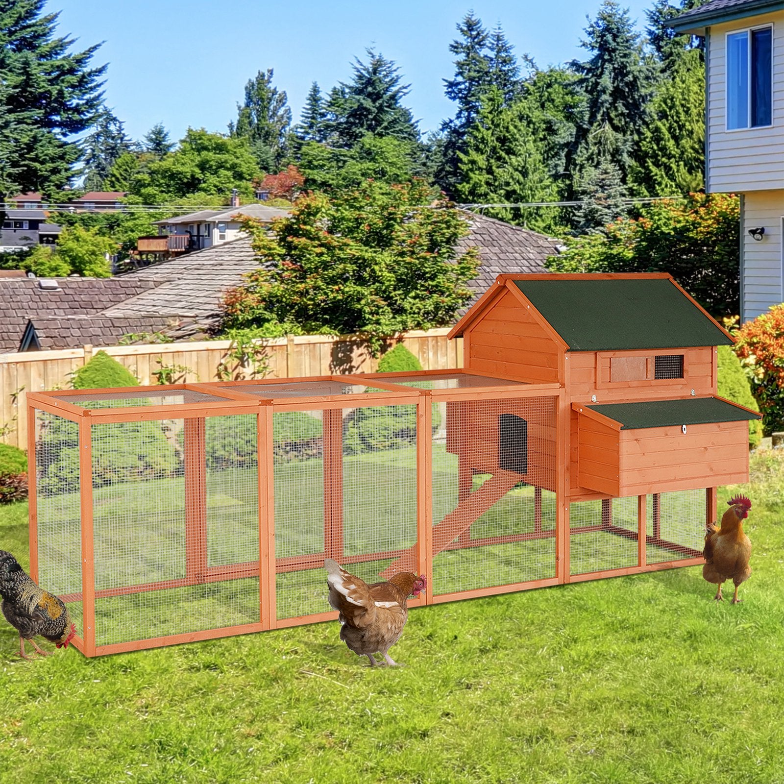 136.5" Chicken Coop Wooden Large Chicken House Deluxe Rabbit Hutch Lockable Poultry Hen Cage Backyard with Nesting Box and Run - Natural Wood 5 - Image 2