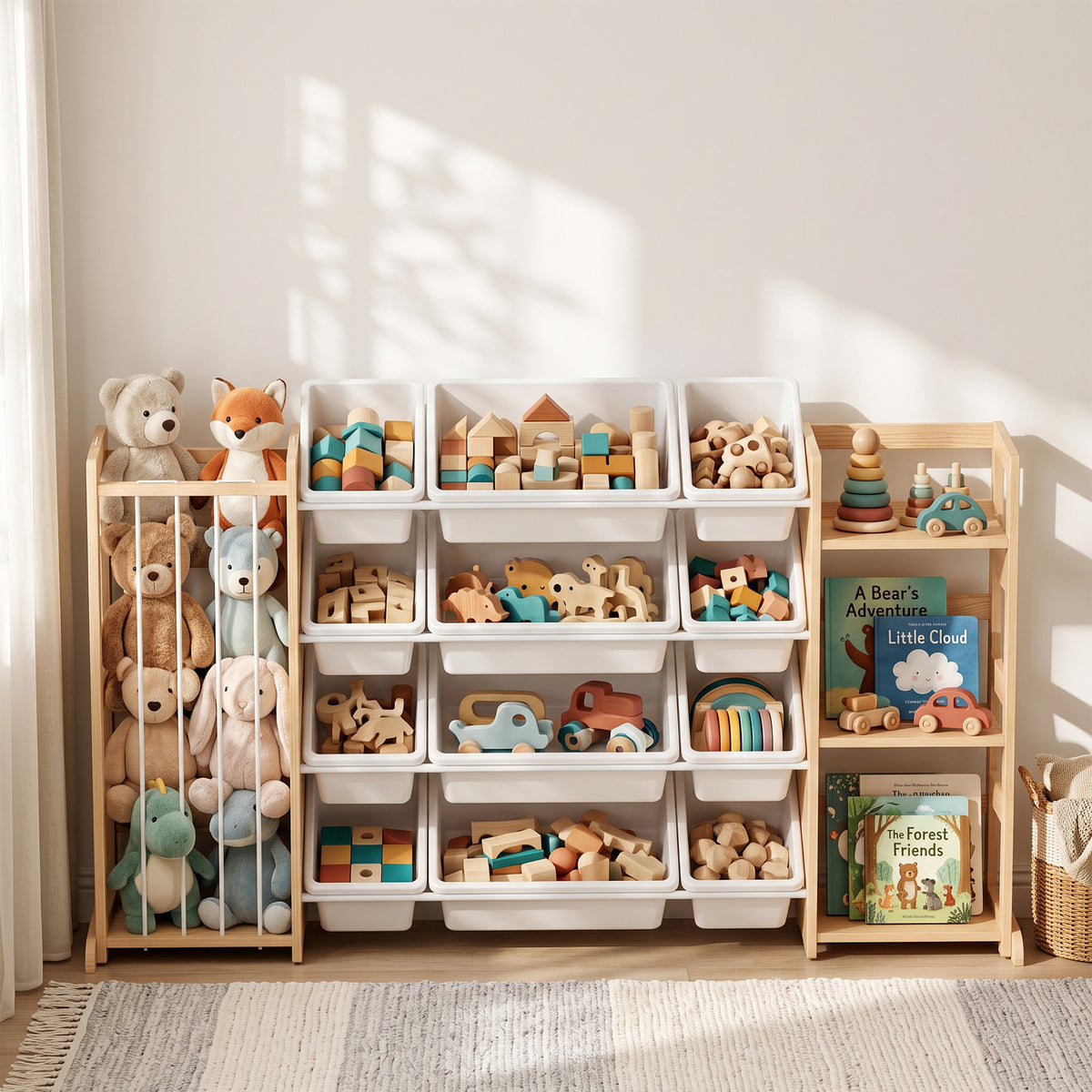 3-in-1 Wooden Toy Storage Organizer with Stuffed Animal Storage, Bookshelf, 12 Bins for Bedroom, Playroom, Nursery