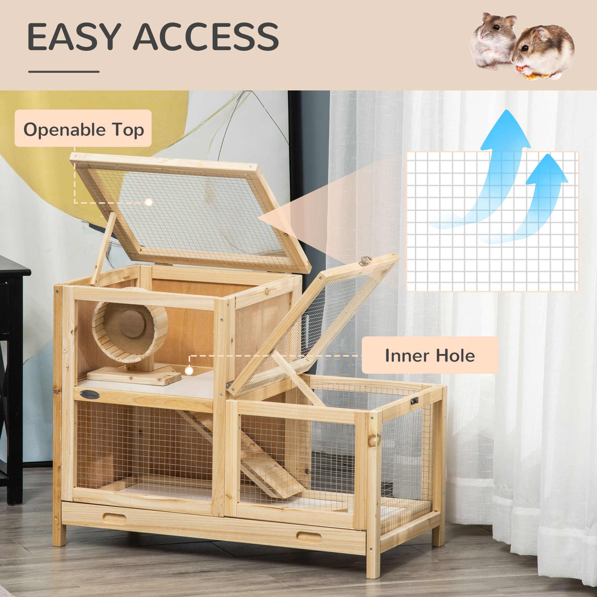 2-Tier Wooden Hamster Cage, Small Animals Hutch, w/ Seesaw, Tray - Natural Wood - Image 4