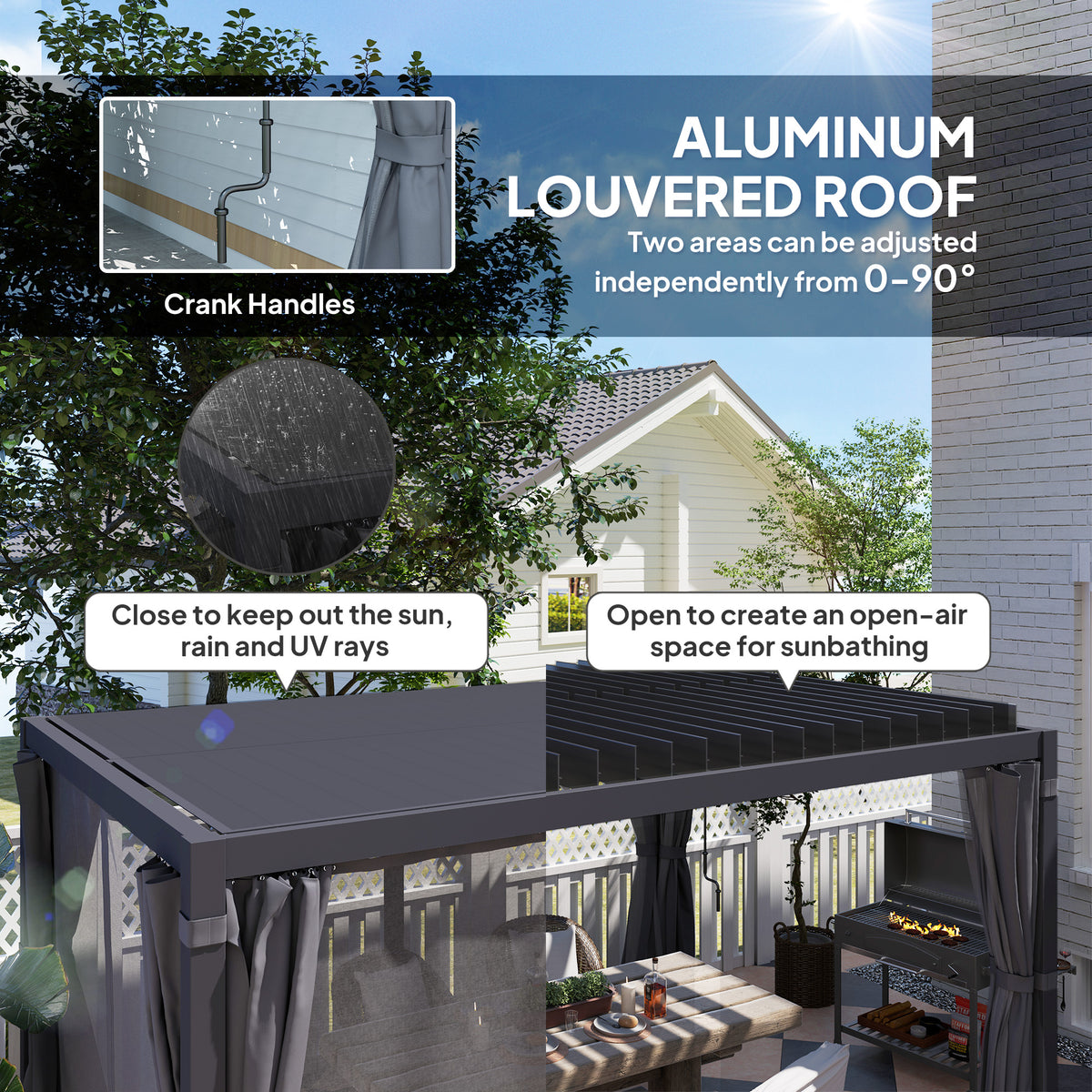 10' x 13' Outdoor Retractable Pergola w/ Sun Shade Louvered Top, Pergola w/ Canopy, Curtains, Netting, Dark Gray