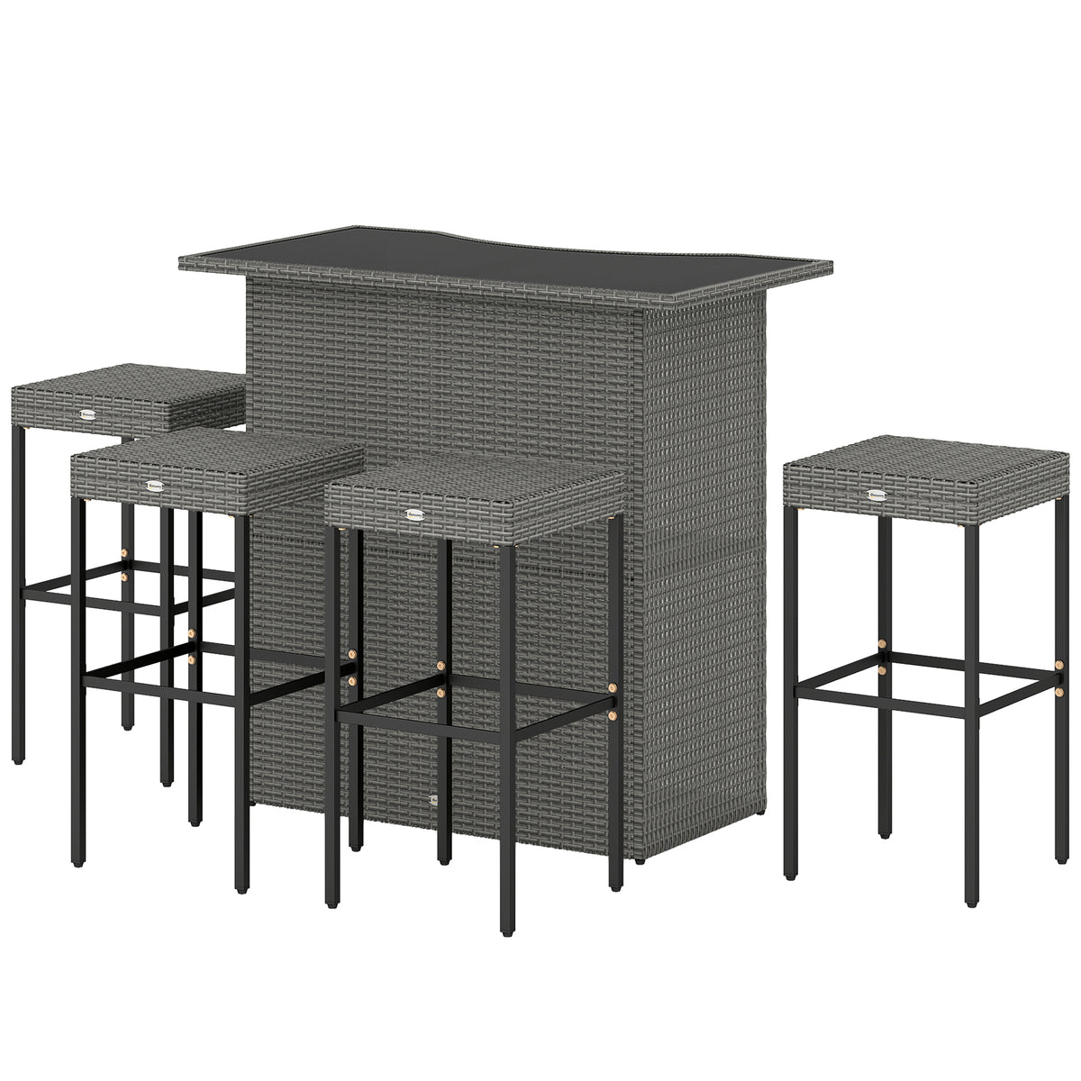 5 Piece Rattan Wicker Bar Set, High Top Outdoor Table and Chairs, Bar Height Patio Set, 2 Shelves & 4 Bar Stools, Gray