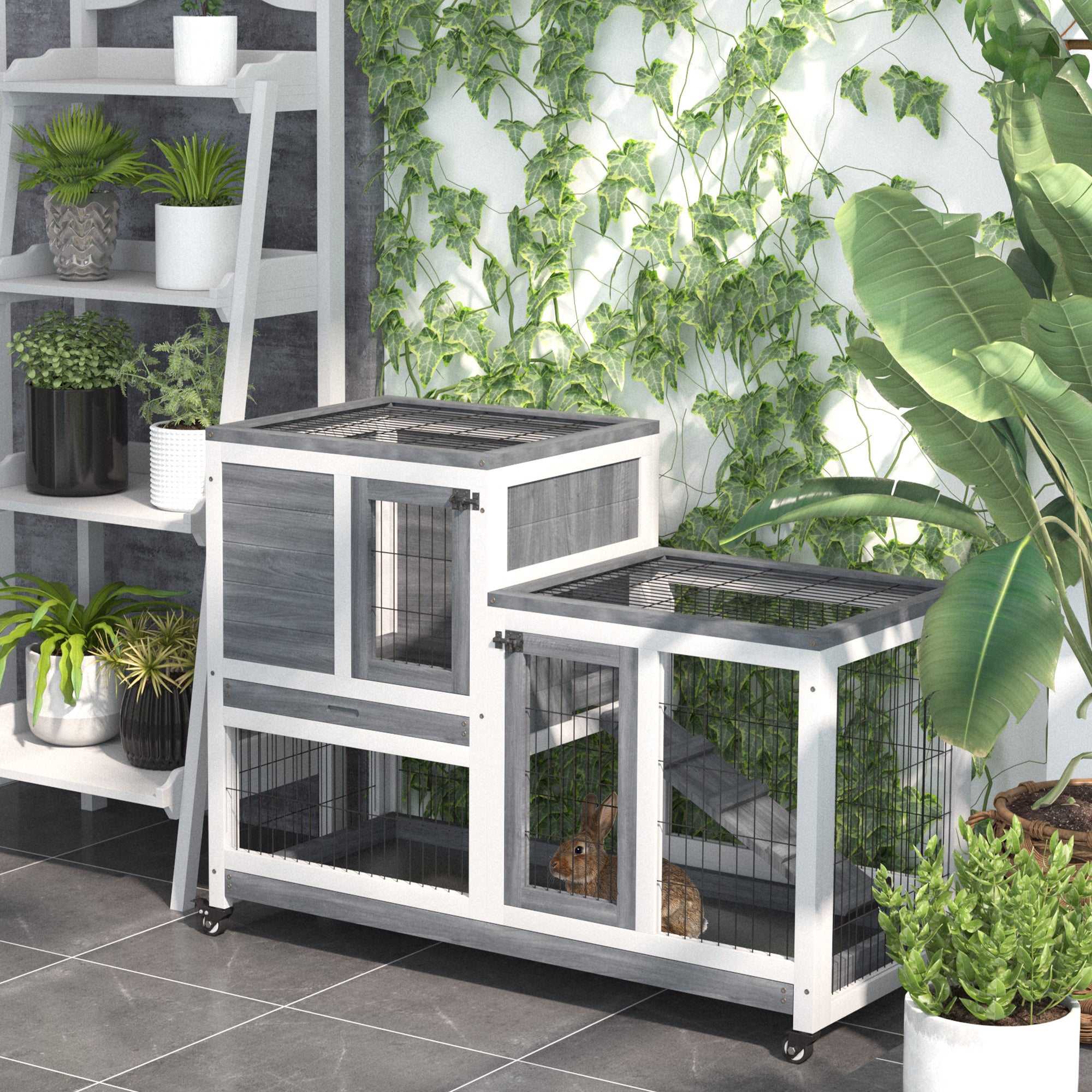Wooden Rabbit Hutch Elevated Bunny Cage Indoor Small Animal Habitat with Enclosed Run with Wheels, Ramp, Removable Tray for Rabbits, Chickens, Ducks, Guinea Pigs, Gray - Gray, White - Image 2