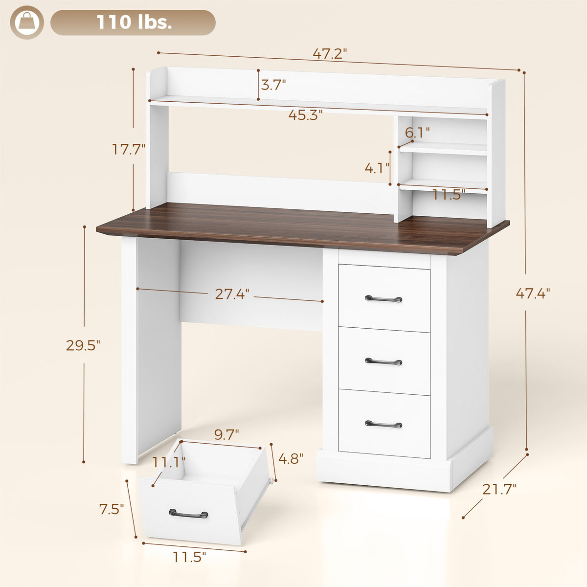 Computer Desk with 3 Drawers and Storage Shelves, 47" Home Office Study Writing Table, Walnut and White