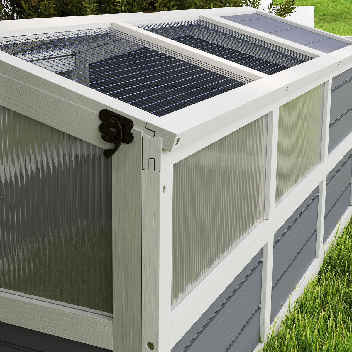 Wooden Tortoise Habitat Outdoor w/ Bottomless Design, Doors, PC Sun Panel Windows, for Small Animals, Rabbit, Light Gray