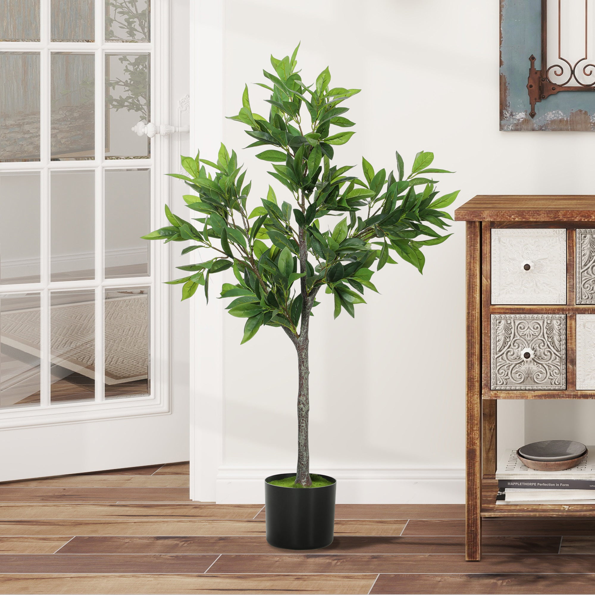 Potted Fake Plant, Lifelike Laurel Artificial Tree with 345 PEVA Leaves for Home Decor, Green