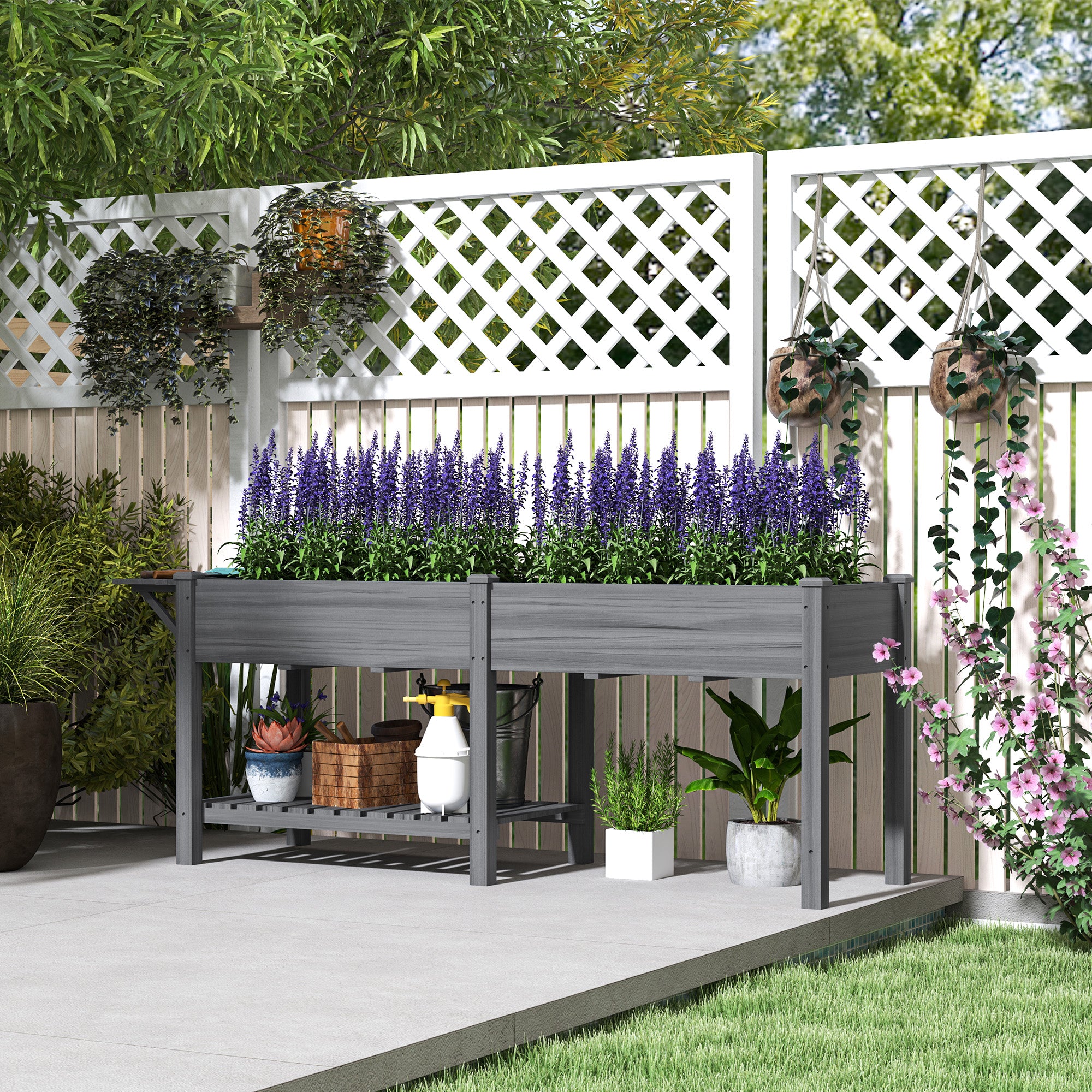 Wood Raised Garden Box, Elevated Garden Bed with Side Table, Bottom Shelf, Bed Liners and Drainage Holes, Gray - Gray - Image 2