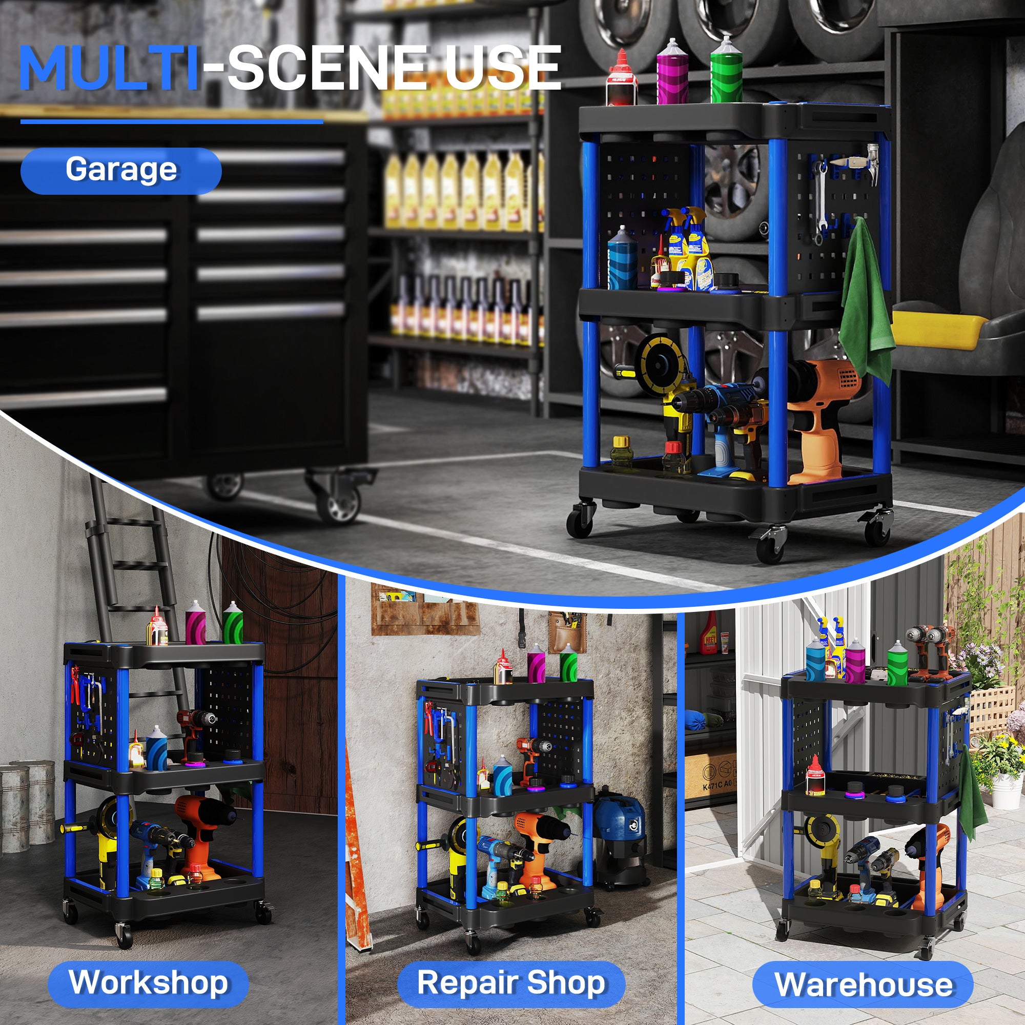 3-Tier Rolling Tool Cart, 200 LBS Capacity Plastic Utility Cart with Side Shelves for Garage Workshop, Black & Dark Blue