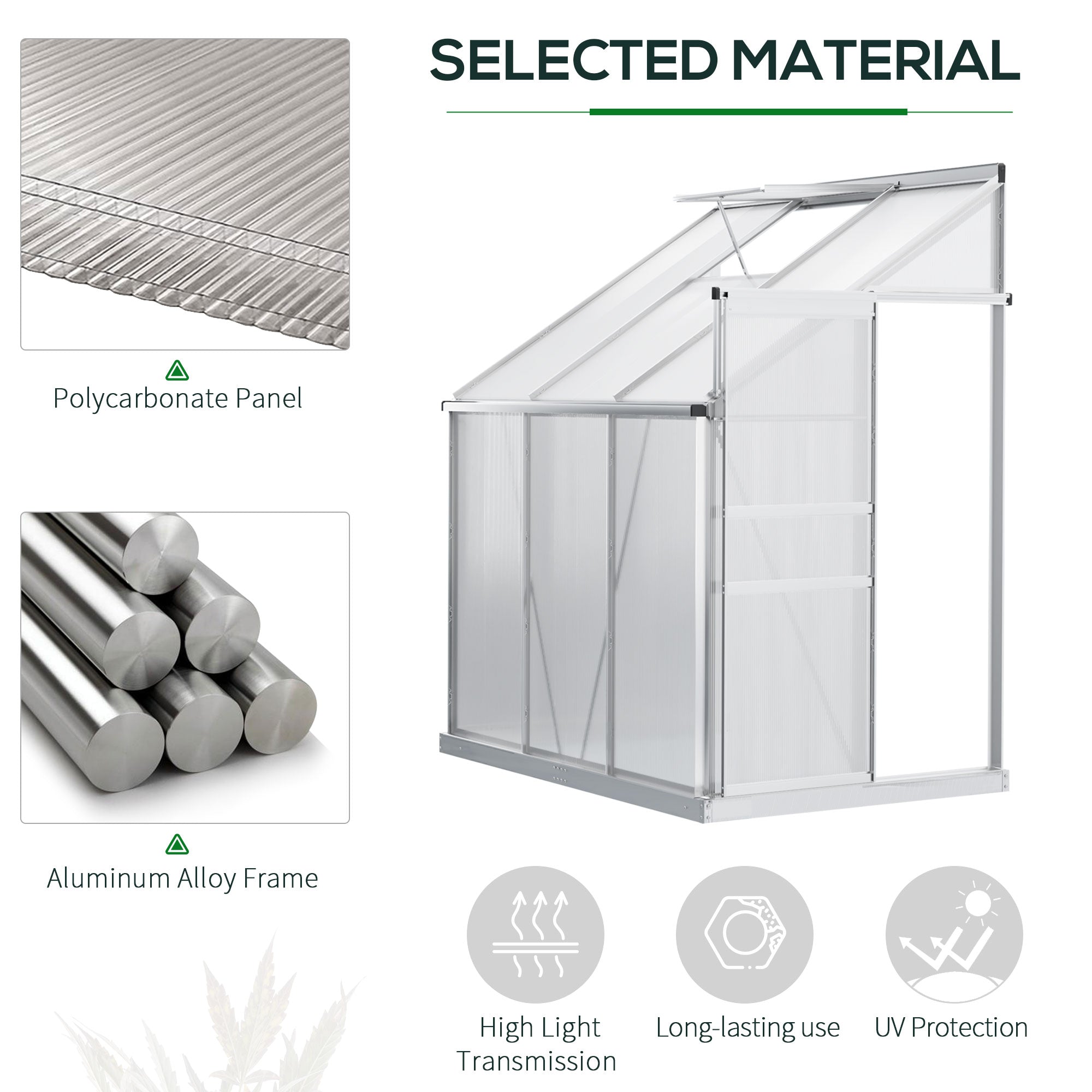 6' x 4' Aluminum Lean-to Greenhouse Polycarbonate Walk-in Garden Greenhouse with Adjustable Roof Vent, Rain Gutter and Sliding Door for Winter, Clear - Clear - Image 4
