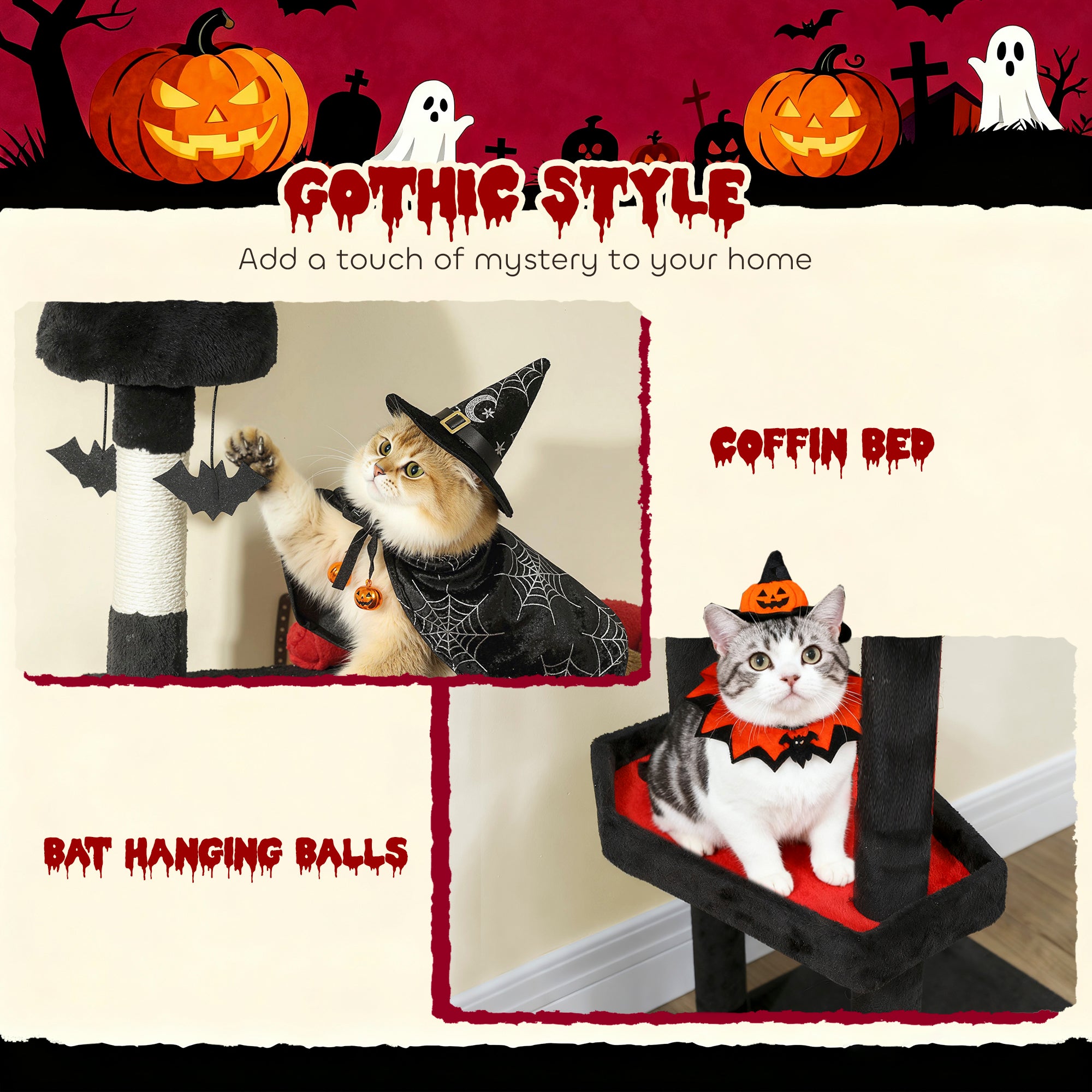78" Gothic Cat Tree, Cat Tower with Coffin Bed, 2 Spacious Condos, Sisal Scratching Posts, Bat Hanging Balls, Halloween - Black - Image 5