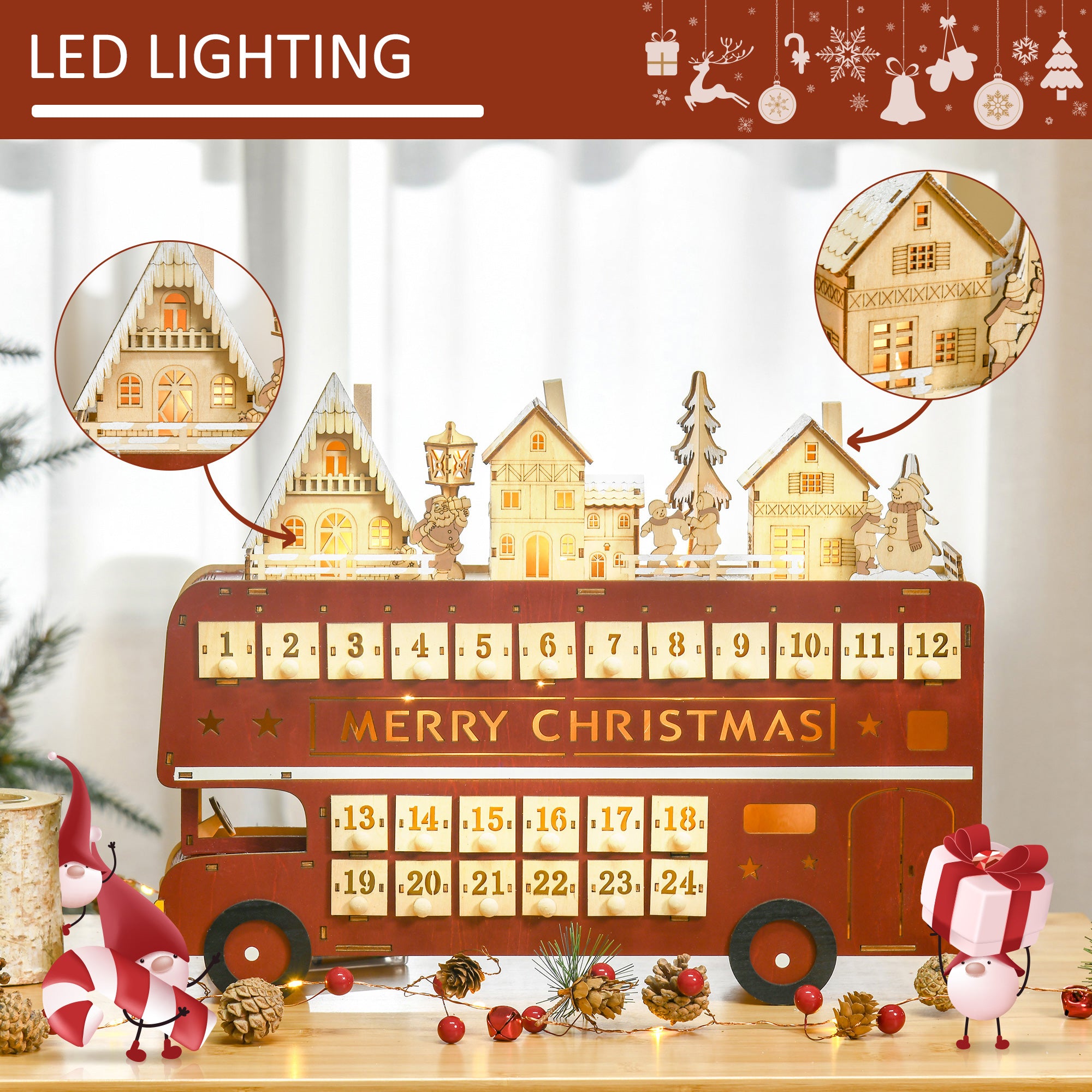 Christmas Advent Calendar, Light Up Table Xmas Wooden Bus Holiday Decoration with Countdown Drawer, Santa Claus Street House, for Kids and Adults