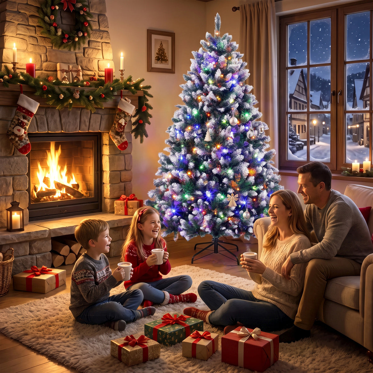 6ft Pre-lit Artificial Christmas Tree White-Tipped Hinged Full Xmas Tree with 1020 Tips