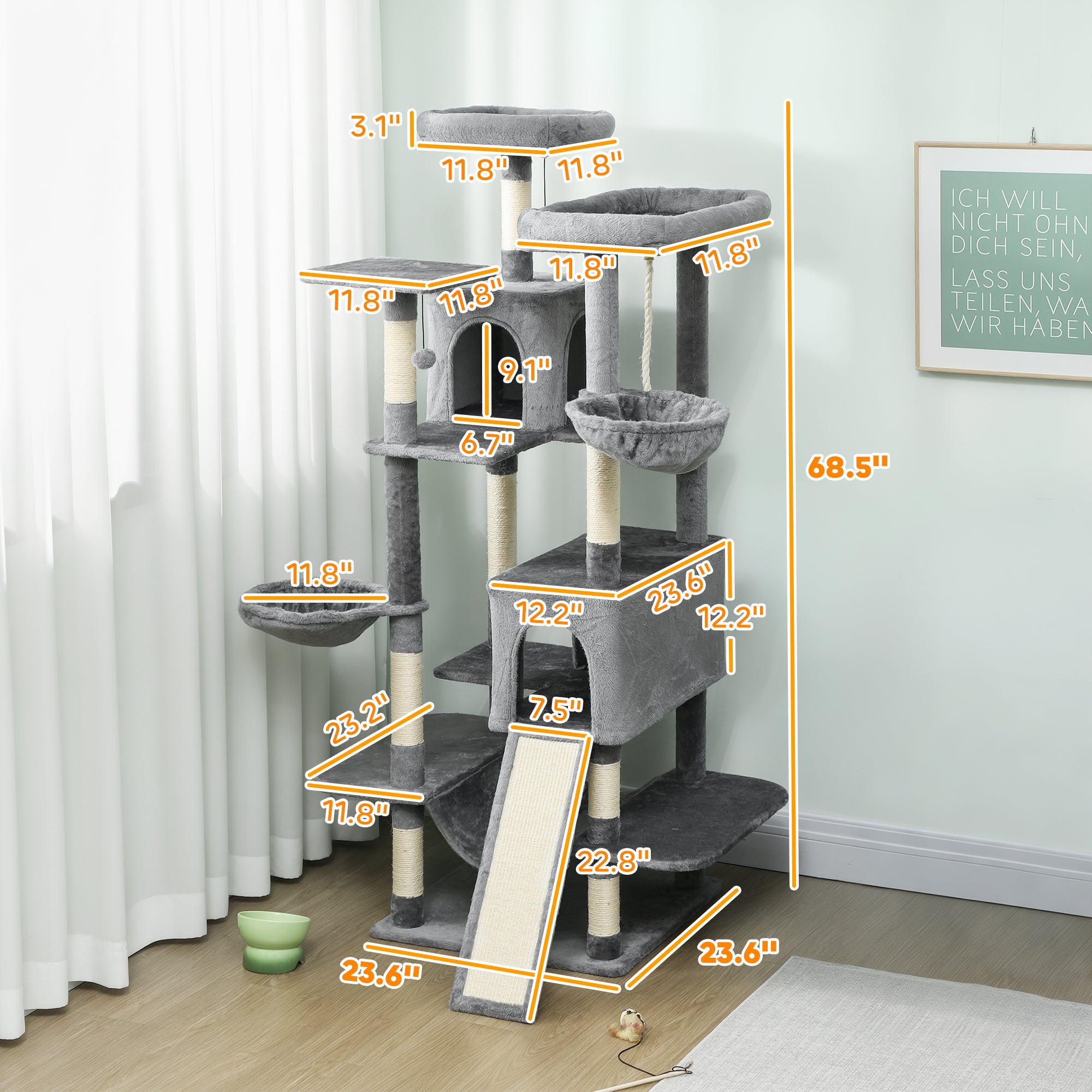 69" Cat Tree, Multi-Level Cat Tower with 2 Condos and 3 Hammocks, 8 Scratching Posts, for Multiple Cats, Dark Gray - Dark Gray - Image 3