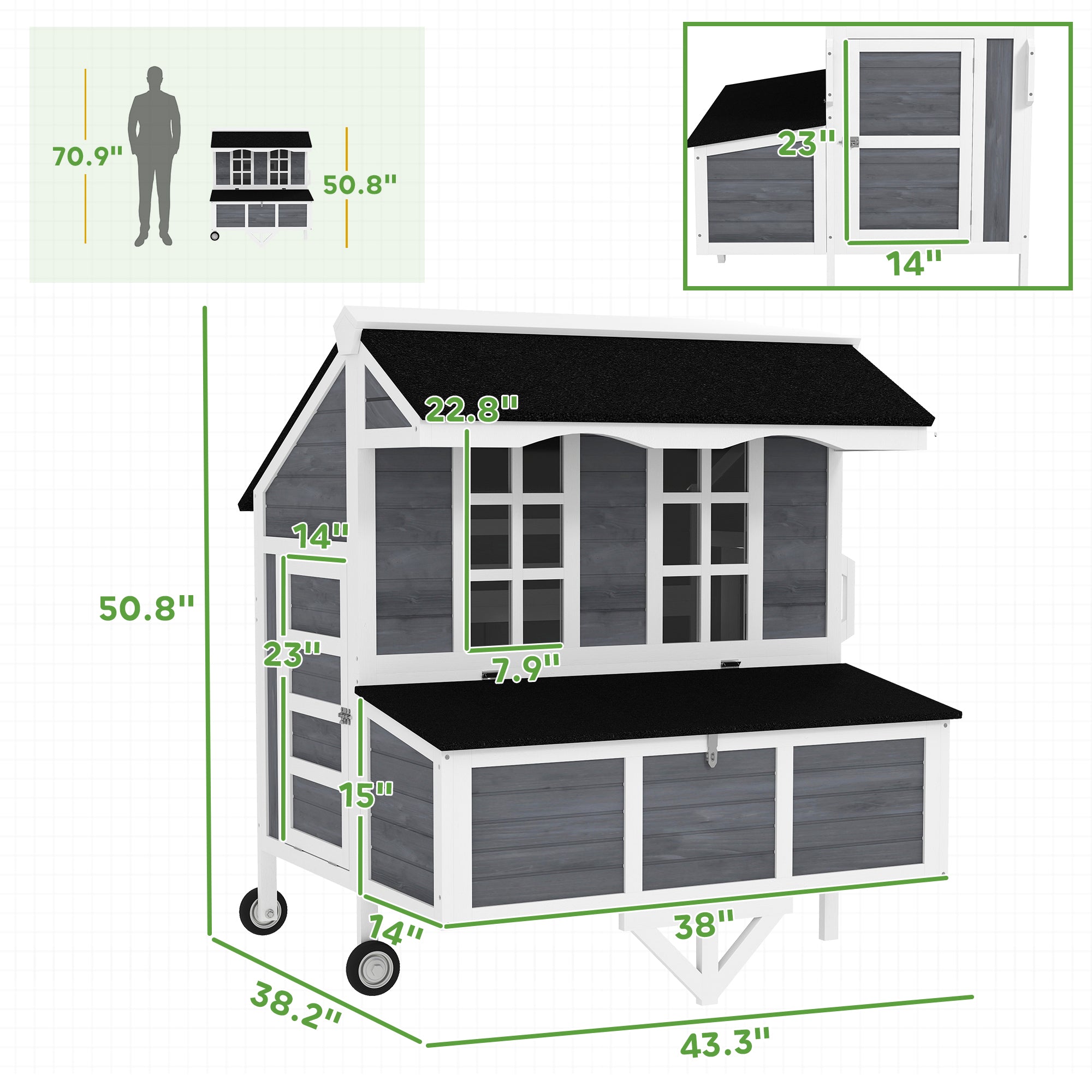 43" Chicken Coop with Wheels, Chicken Tractor with Nesting Box, Windows, Pull-out Tray, Perches, for 2-4 Hens, Gray - Gray - Image 3