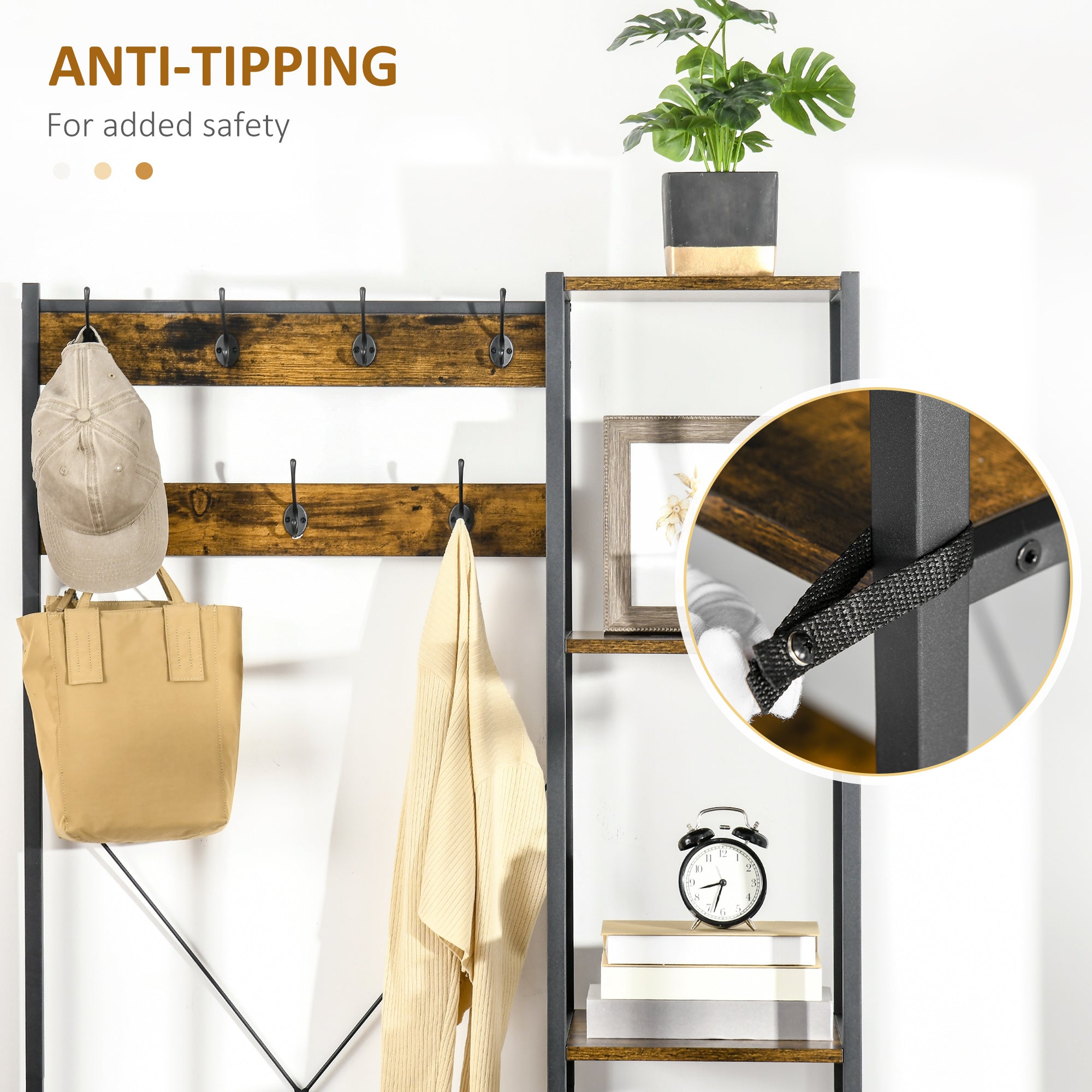 Industrial Hall Tree with Side Storage Shelves, Entryway Bench with Coat Rack, Freestanding Coat Tree with Shoe Storage and Hooks, Rustic Brown