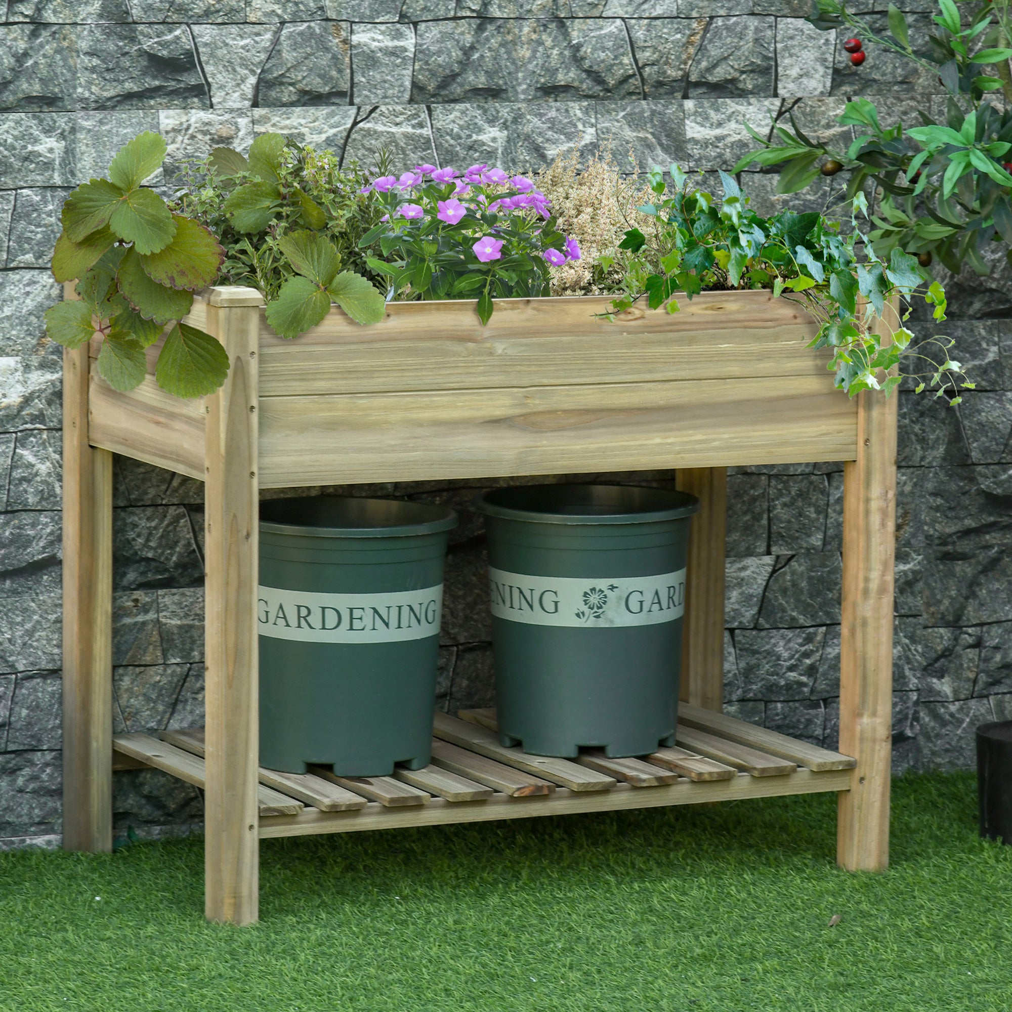 36" x 20" x 30" Raised Garden Bed, Elevated Wood Planter Box with Legs and Storage Shelf for Backyard, Patio, Balcony to Grow Vegetables, Herbs, and Flowers - Green - Image 2