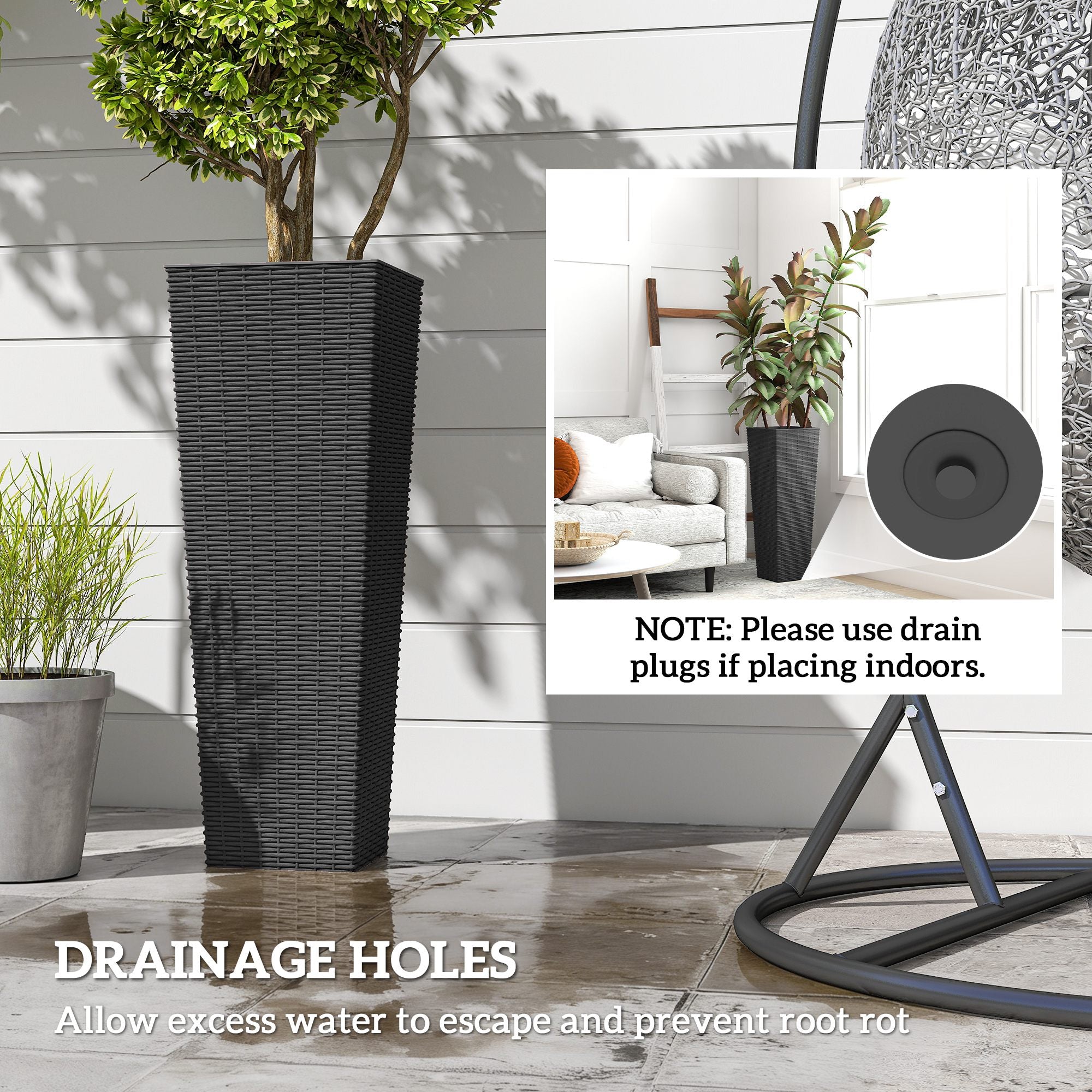 32 Inch Tall Planters for Outdoor Plants, Set of 2 Plastic Flower Pots with Drainage Holes, Black - Black - Image 6