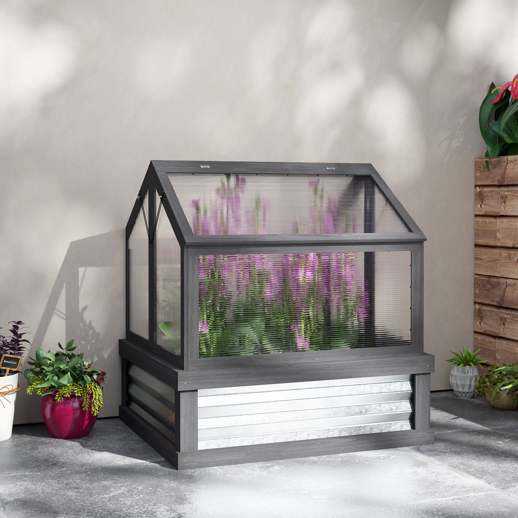 Raised Garden Flower Bed Kit with Greenhouse, Wooden Cold Frame Planter, 35.5" x 31.5" x 36", Gray - Gray - Image 8