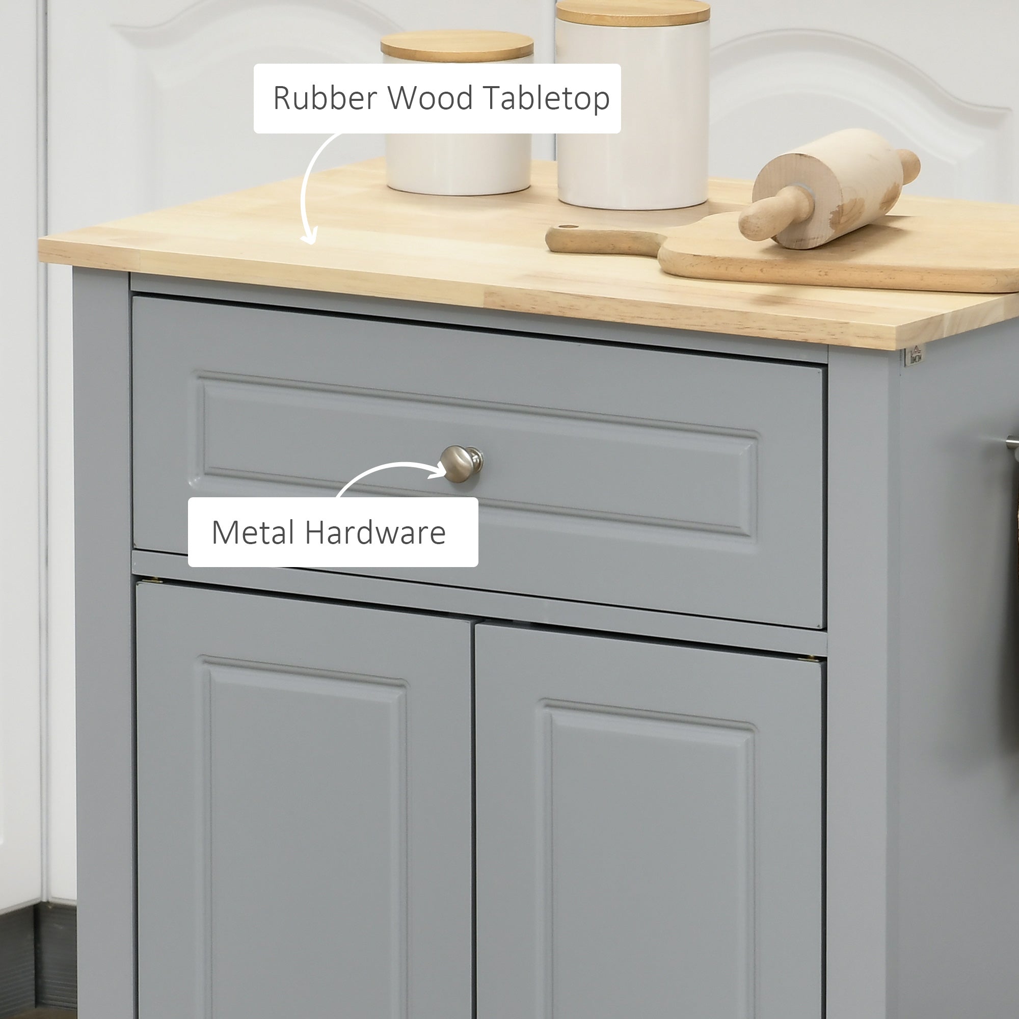 Rolling Kitchen Island Cart, Portable Serving Trolley Table with Drawer, Adjustable Shelf and 2 Towel Racks, Grey