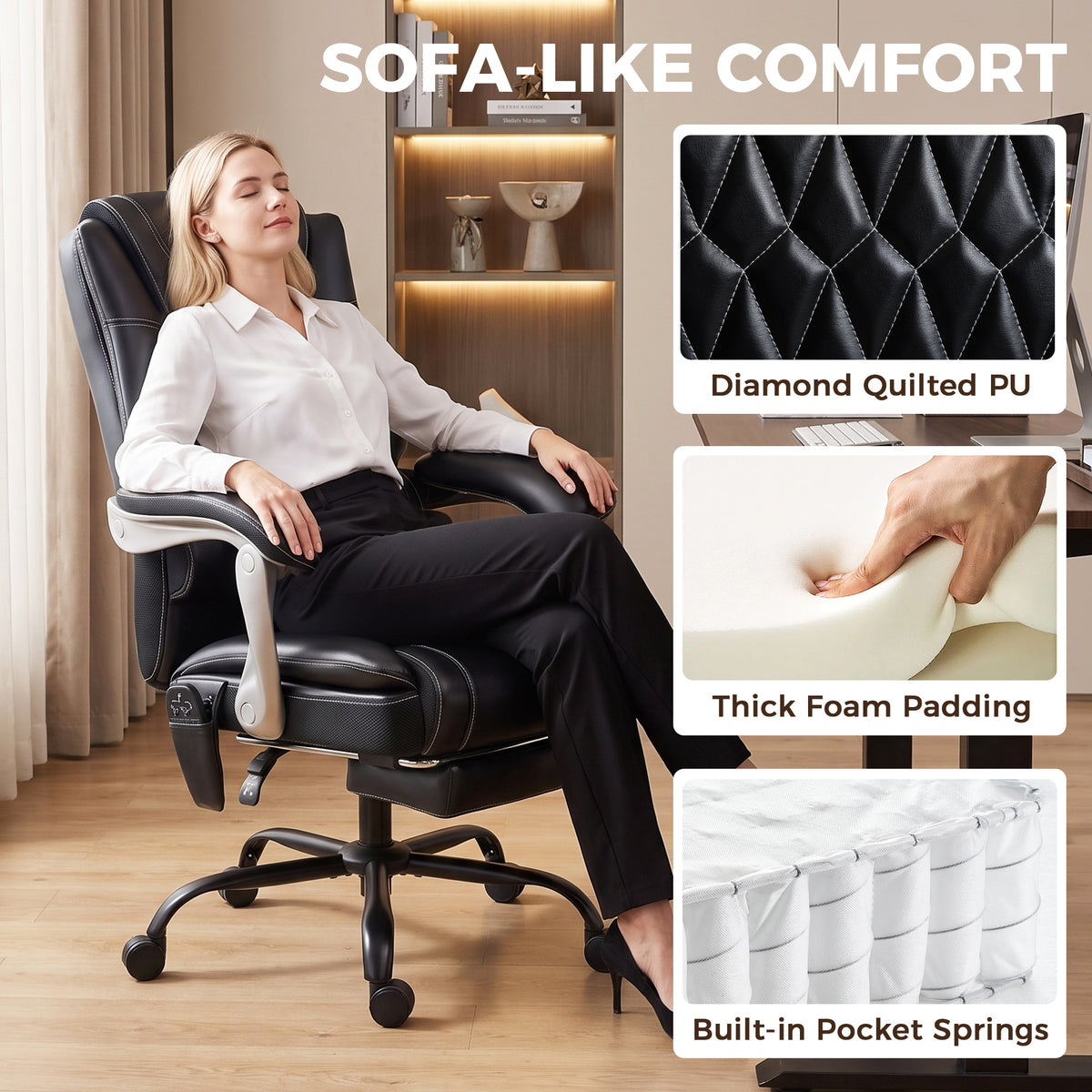 400lbs Massage Office Chair with Heat, Big and Tall Desk Chair, Lumbar Support, Reclining, Footrest, Black