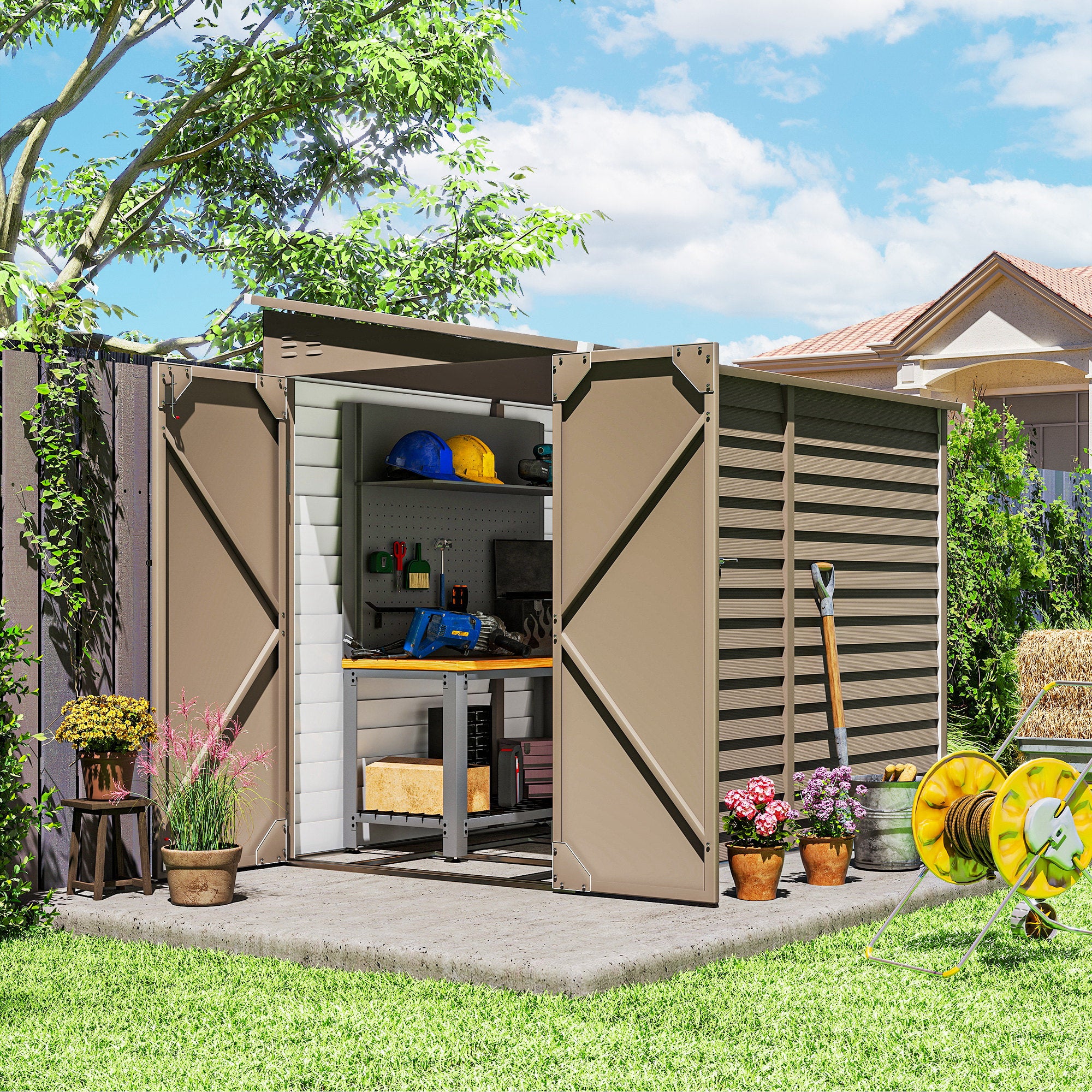 Metal Lean to Shed, 4.6' x 9', with Foundation Kit, Lockable Doors, for Outdoor Patio Lawn, Brown - Brown - Image 2