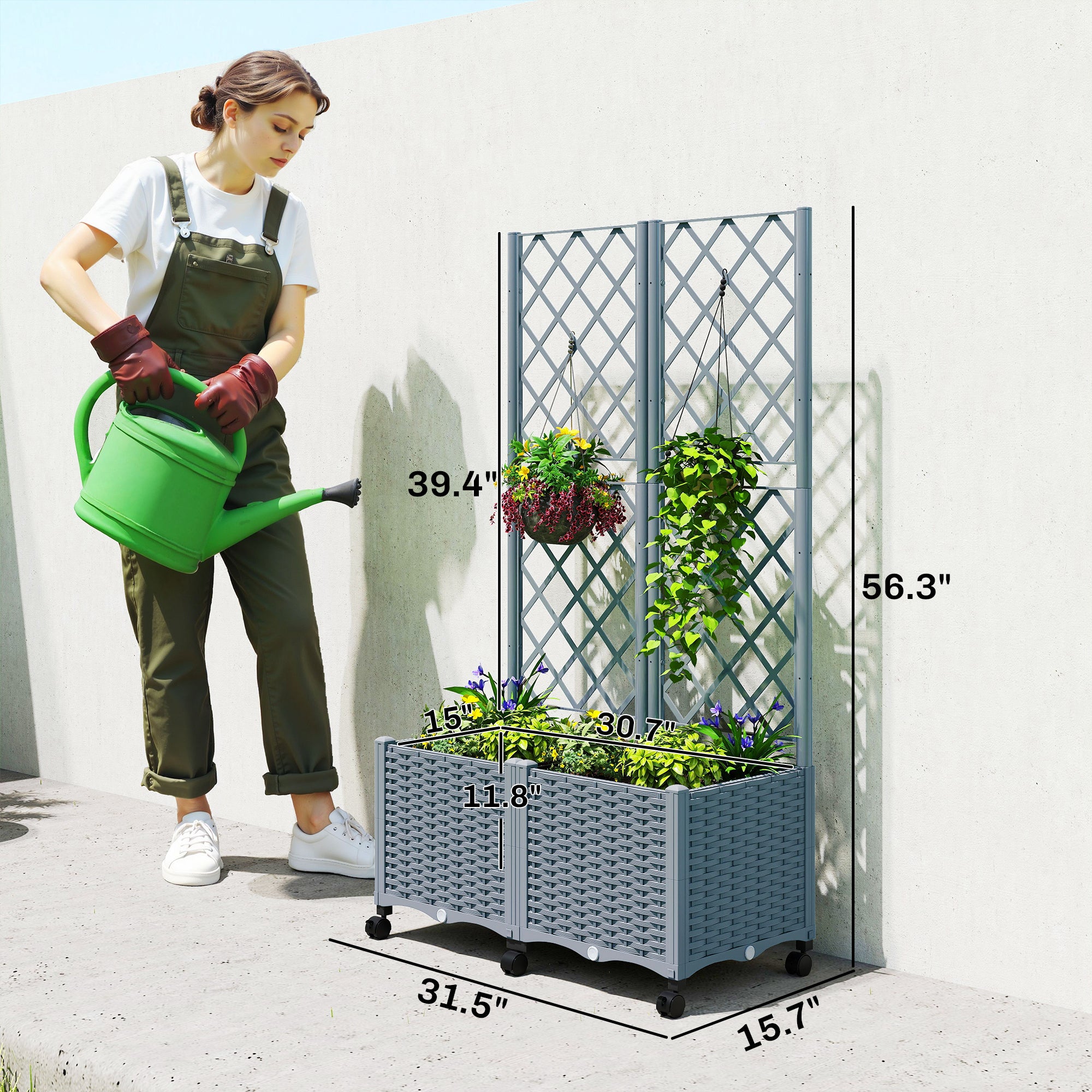 Planter Box with Trellis, Self Watering Raised Garden Bed with Lockable Wheels and Drainage Holes, Gray - Gray - Image 3