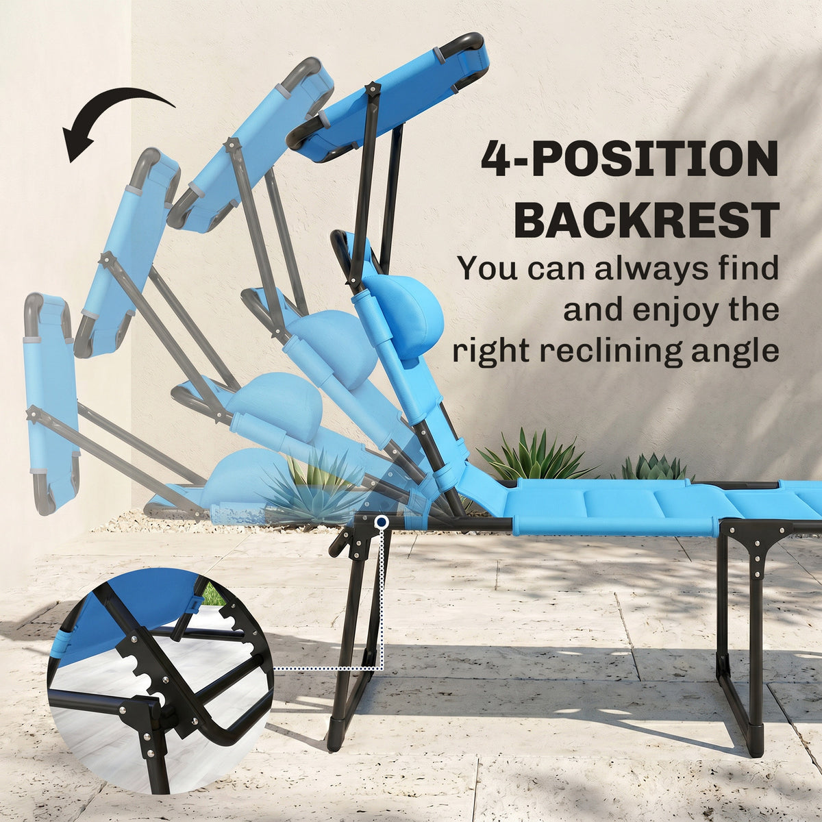 Outdoor Lounge Chair, 4 Position Adjustable Backrest, Folding, Cushioned w/ Sun Shade Roof & Pillow, Blue
