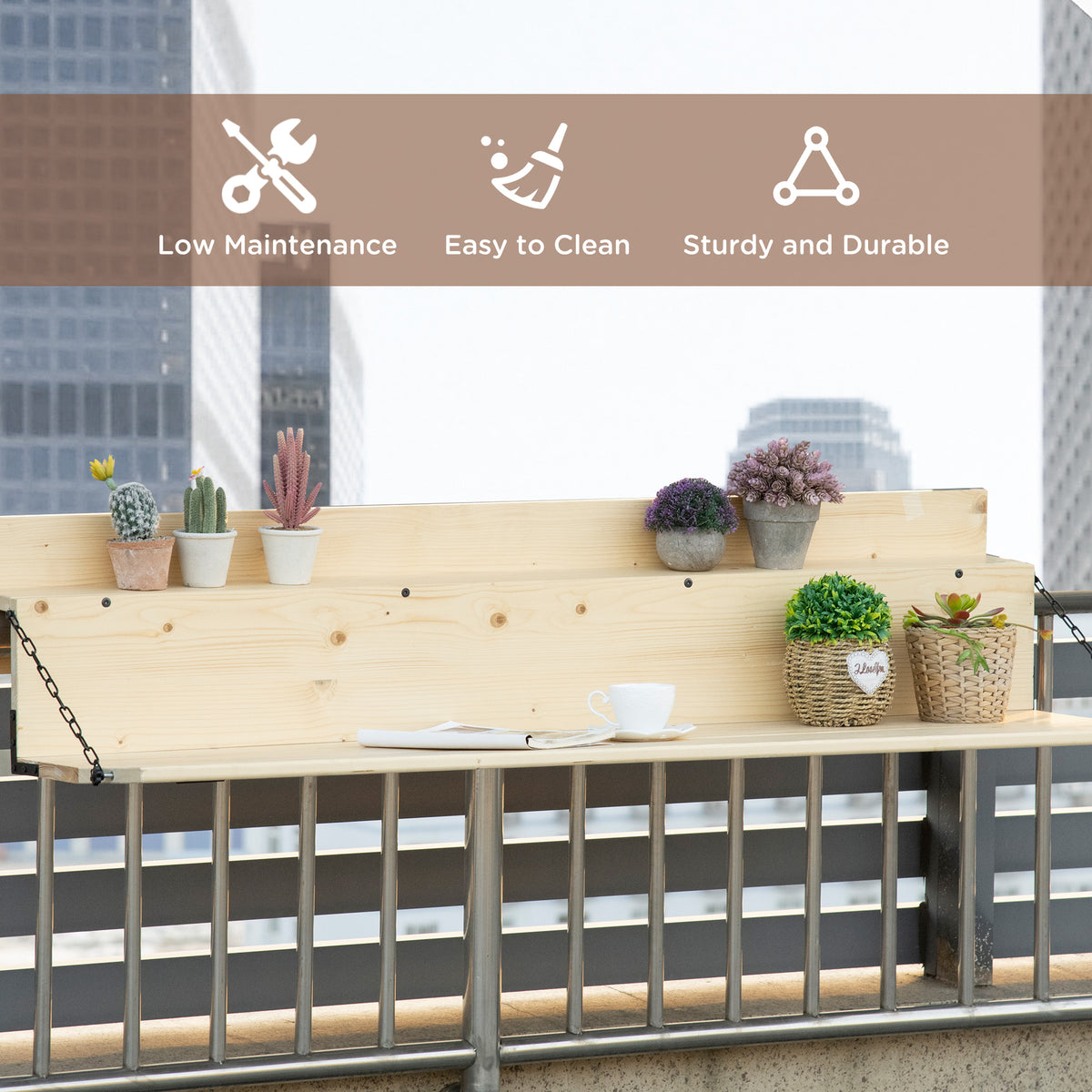 Hanging Balcony Table, Spruce Wood Foldable Railing Bar, Serving Table & Desk, Fits up to 3.9 Inches, Natural