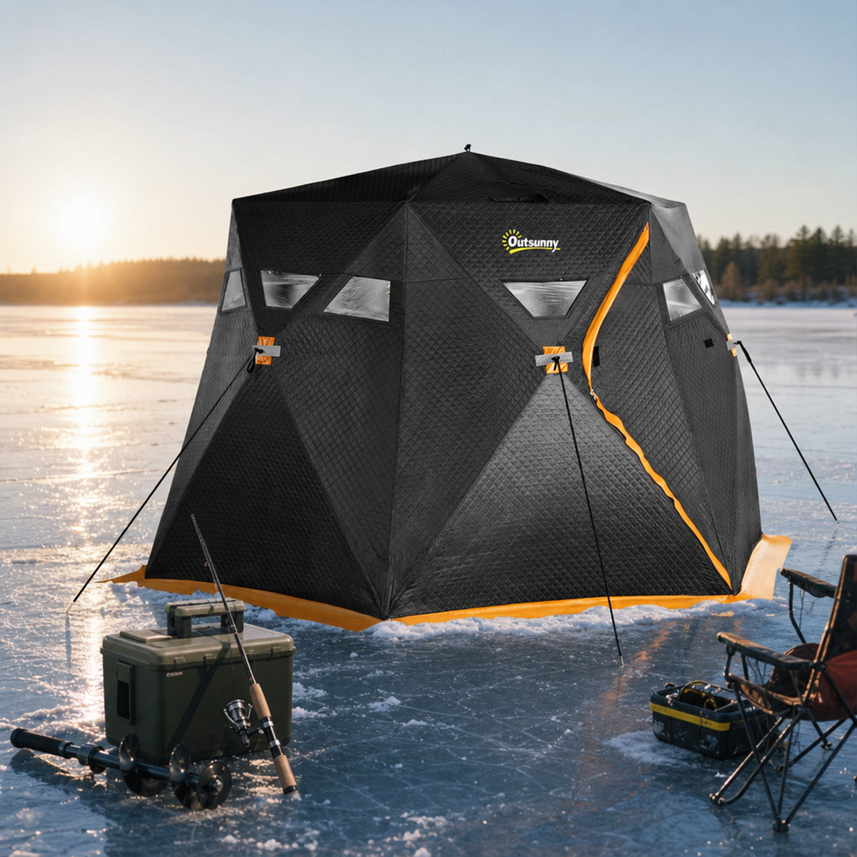 4 Person Insulated Pop-Up Ice Fishing Shelter, 360-Degree View, Portable Ice Fishing Tent Shanty with Carry Bag, Two Doors and Anchors for Low-Temp -22℉, Black and Orange