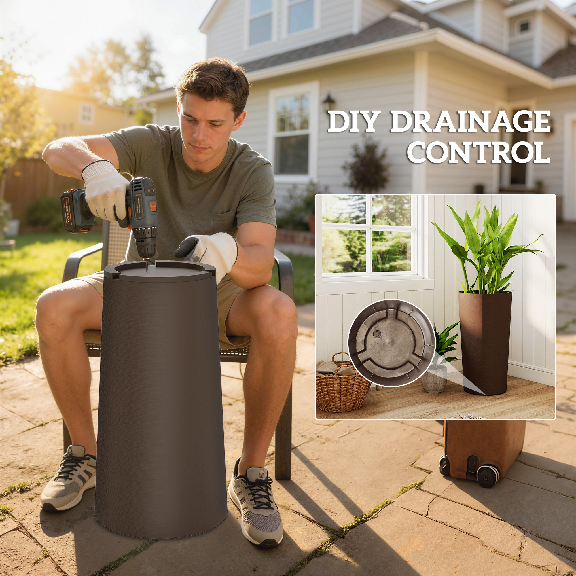 29 Inch Outdoor Planter, Set of 2 Plastic Flower Pots, Weather and UV Resistant Stackable Large Planters, Brown - Brown - Image 7