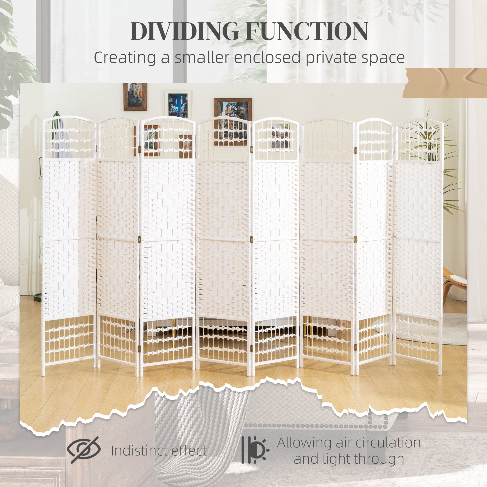 8 Panel Folding Room Divider Portable Privacy Screen Wave Fiber Room Partition for Home Office White