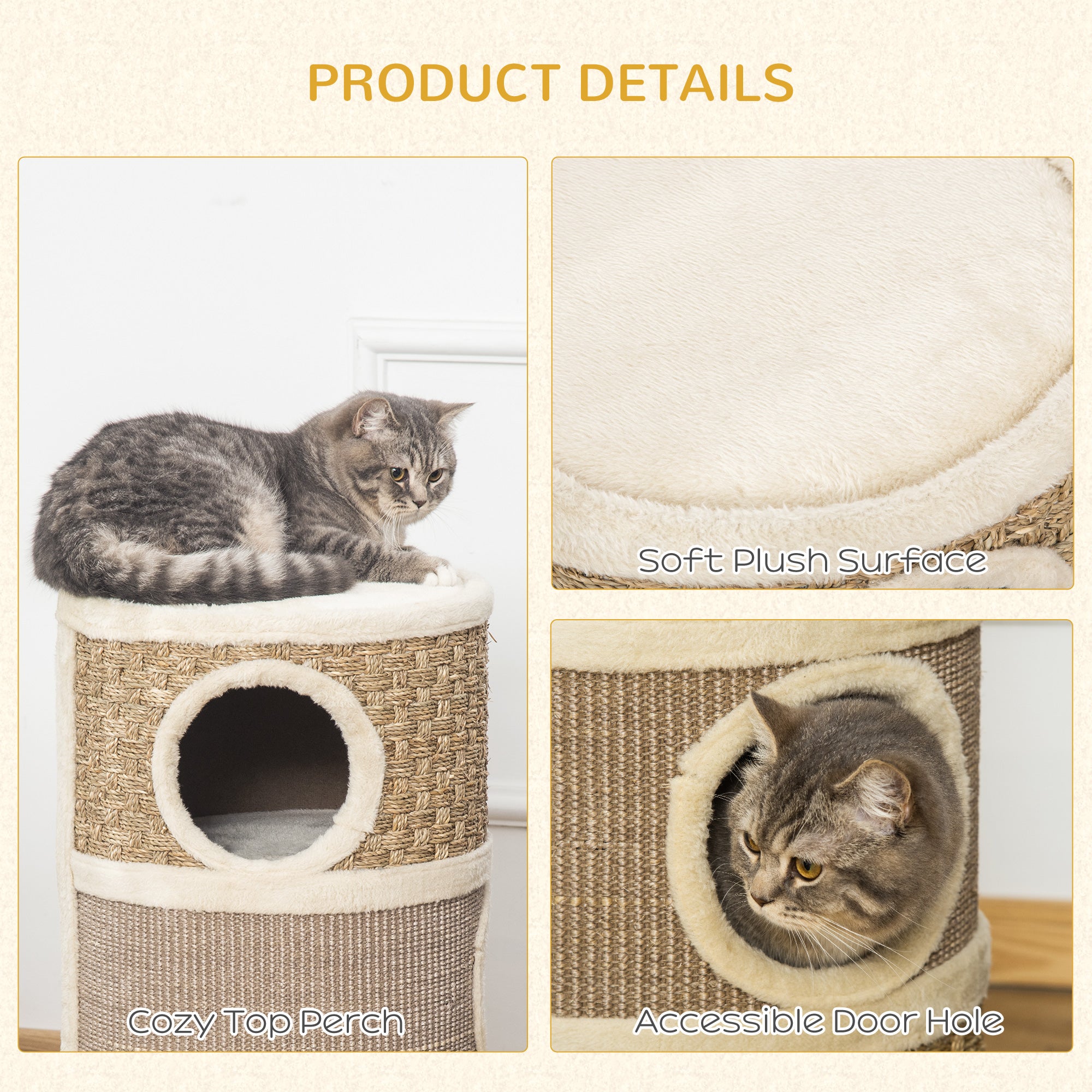28 Inch Cat Condo, 3 Story Cat Hideaway with Sisal Scratching Pad - Khaki - Image 5